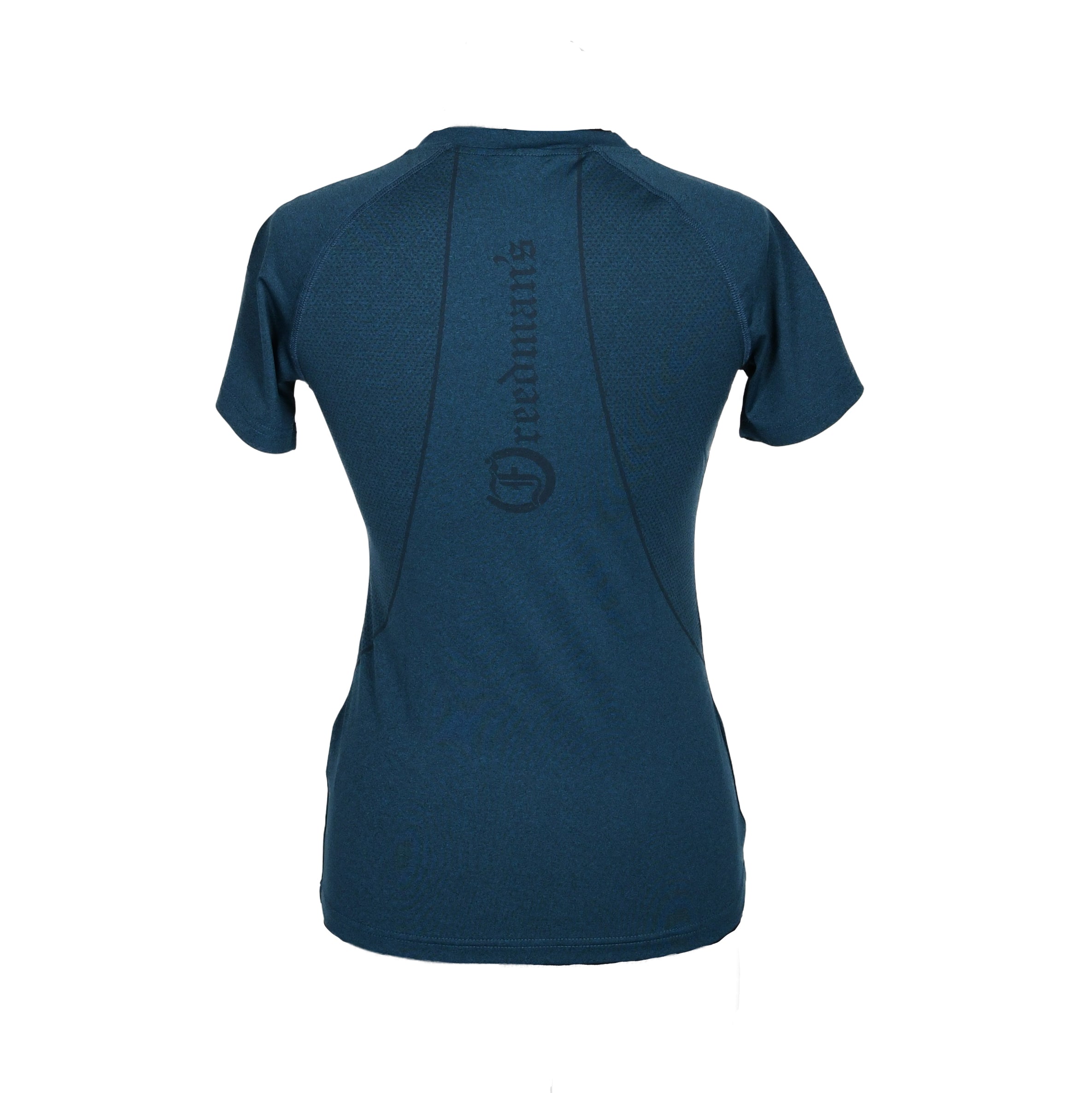 Sea Blue Ladies' tee shirt, back view, with "Freedman's" printed vertically on the upper center back.