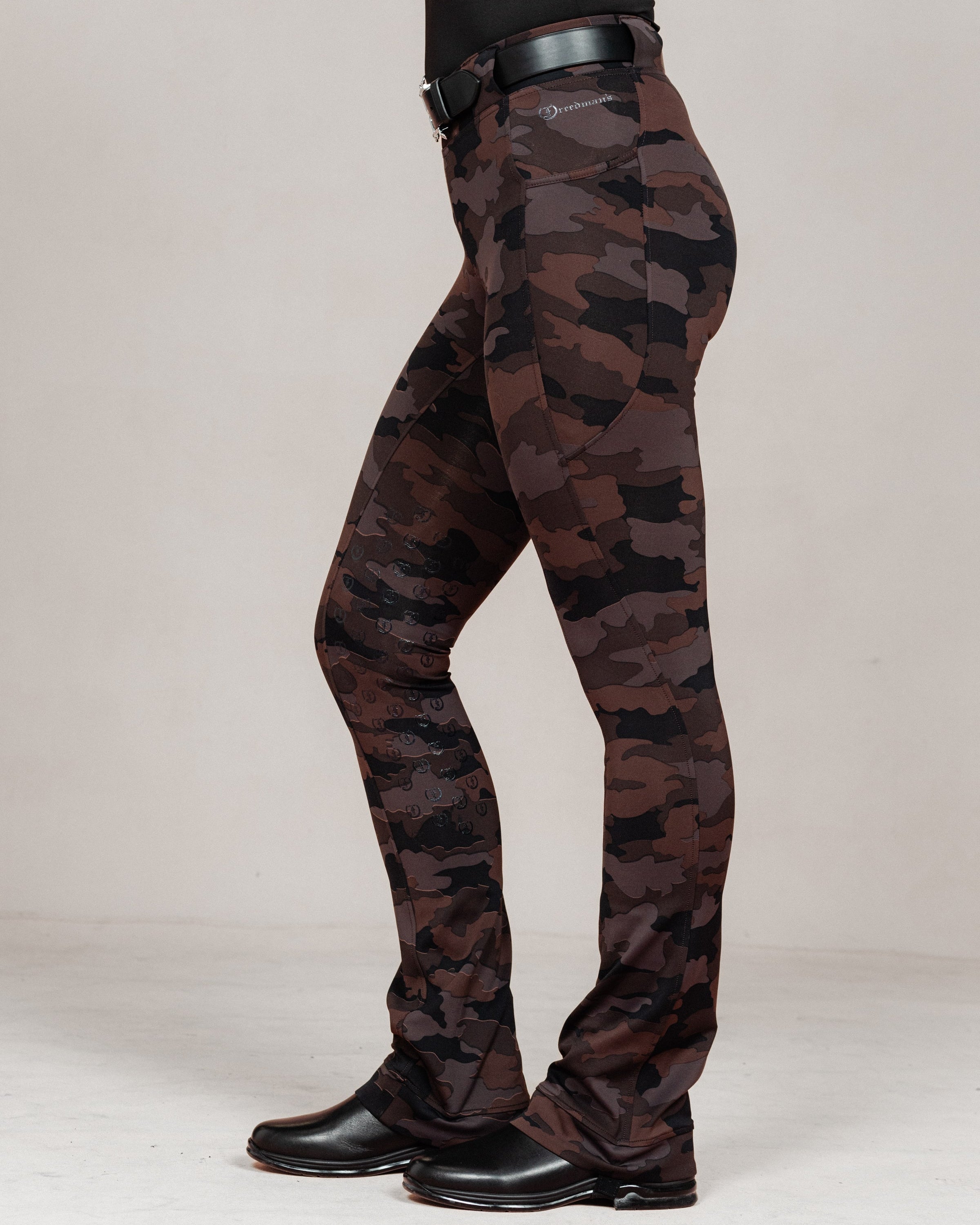 Stylish Tous les Jours Jods - Burgundy Camo by Freedman's – sleek, comfortable, and perfect for equestrian fashion. - Side View.