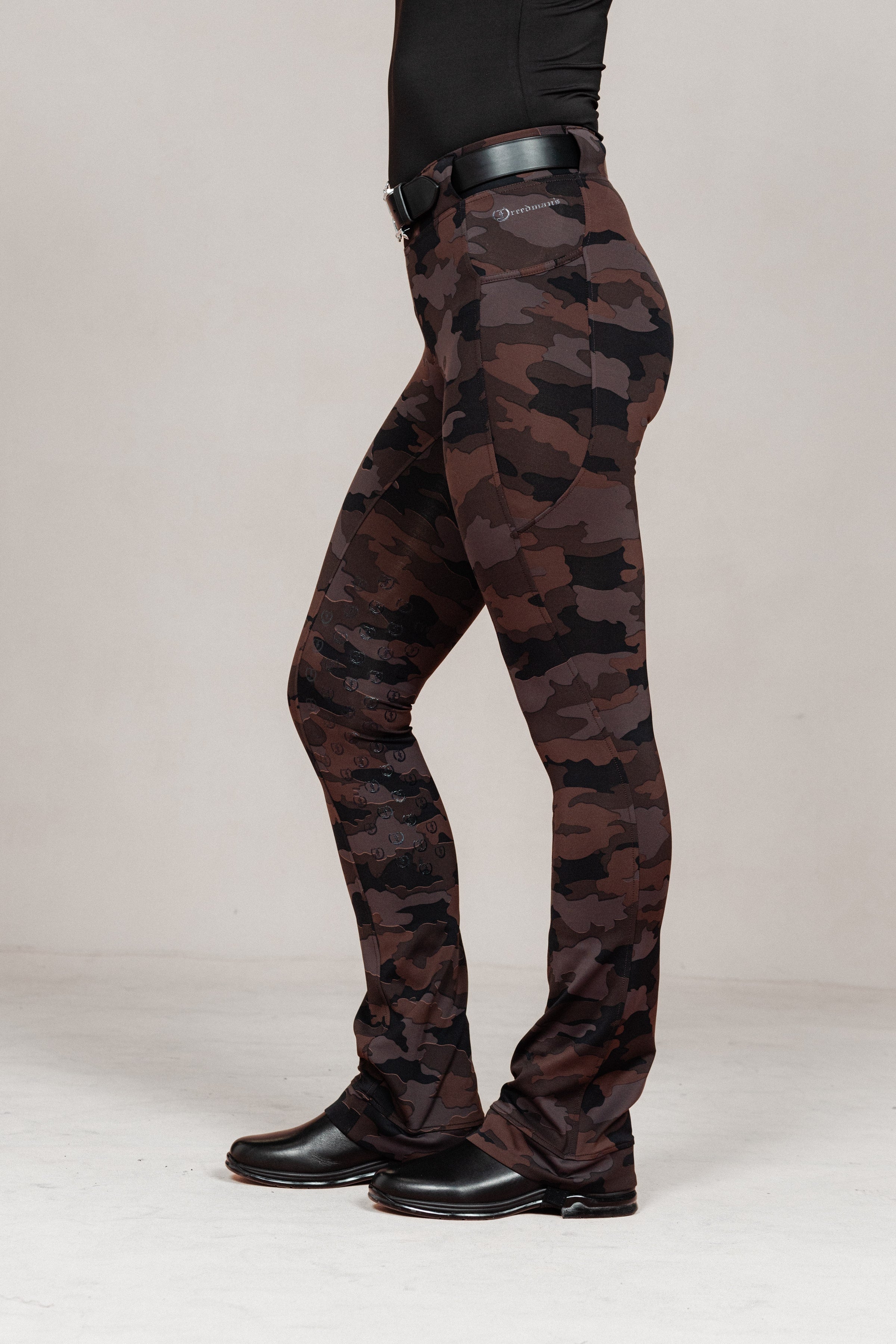 Stylish Tous les Jours Jods - Burgundy Camo by Freedman's – sleek, comfortable, and perfect for equestrian fashion. - Side View.