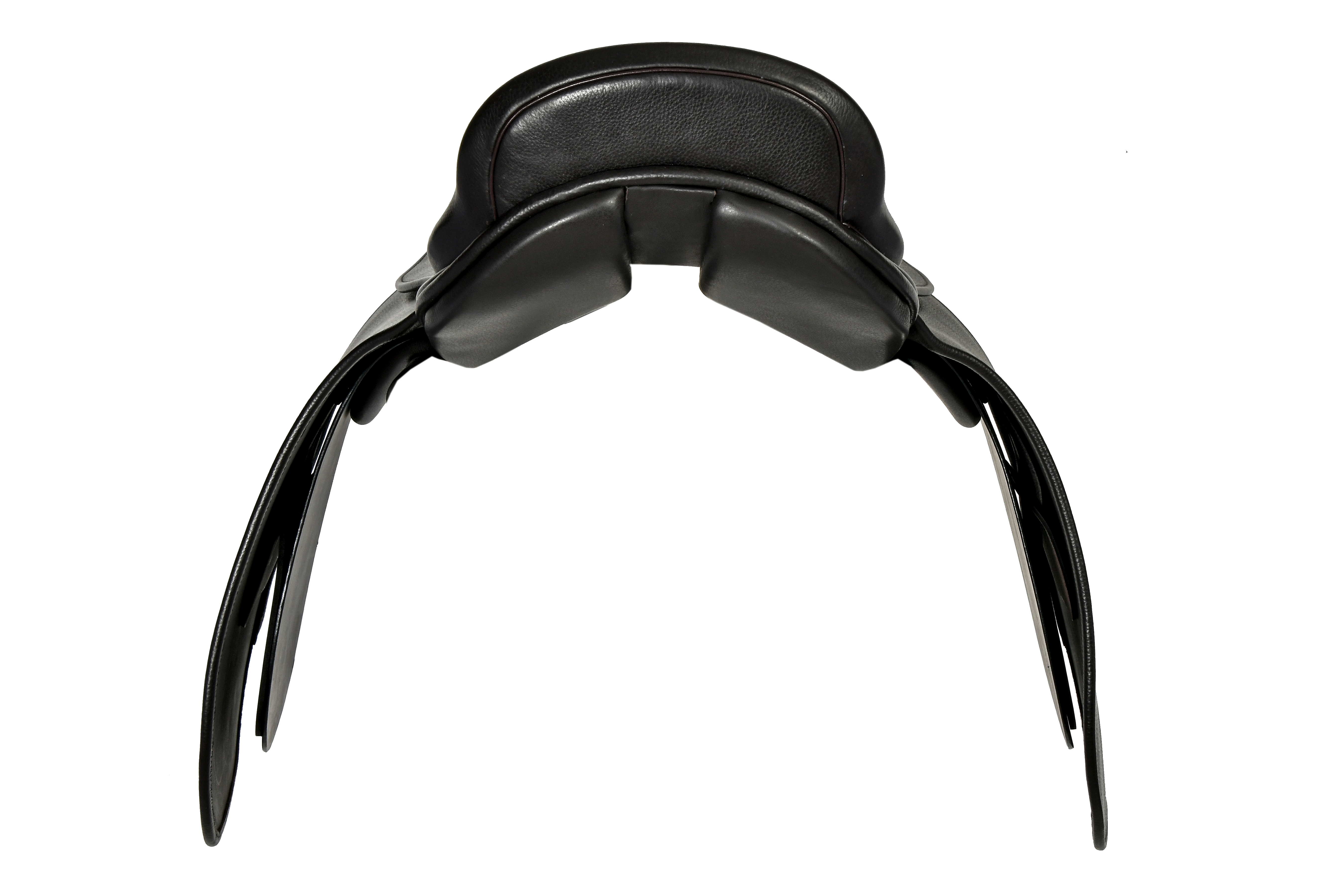 Rear view of a black leather Victory Pass HP Cutback Saddle showcasing its distinctive cutback design for enhanced shoulder freedom, with stirrups hanging down against a clean white background.