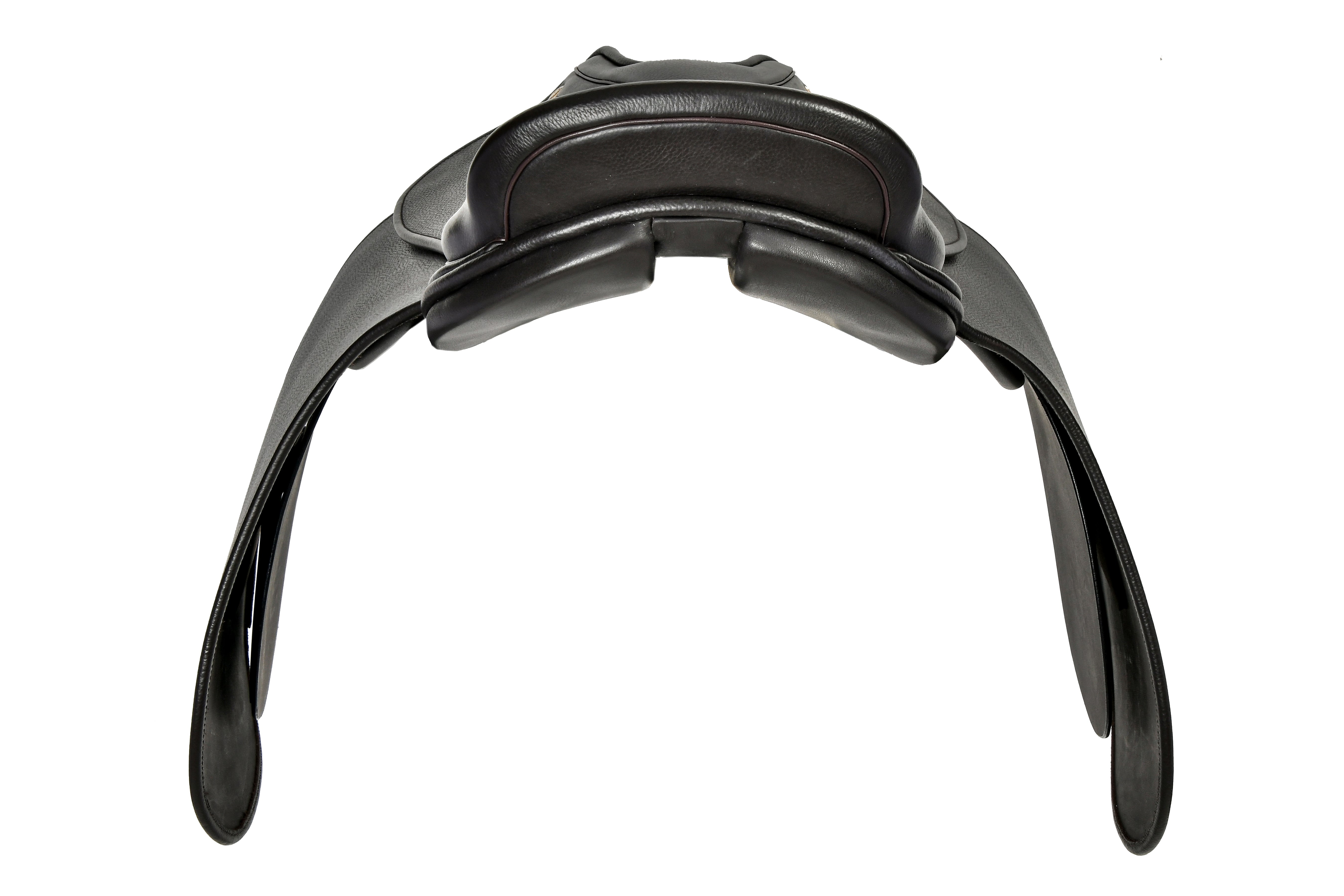 Front view of a black World Cup HP Cutback Saddle, showcasing its design and craftsmanship, against a white backdrop.