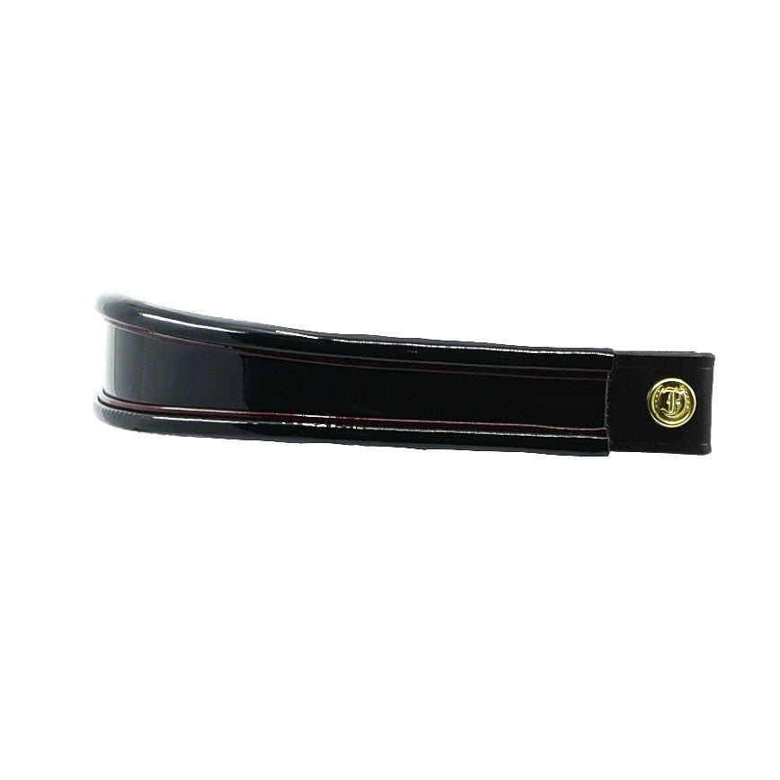 Black and red insert patent leather browband, wide tapered design, turned edge, side view showing leather end and button detail.