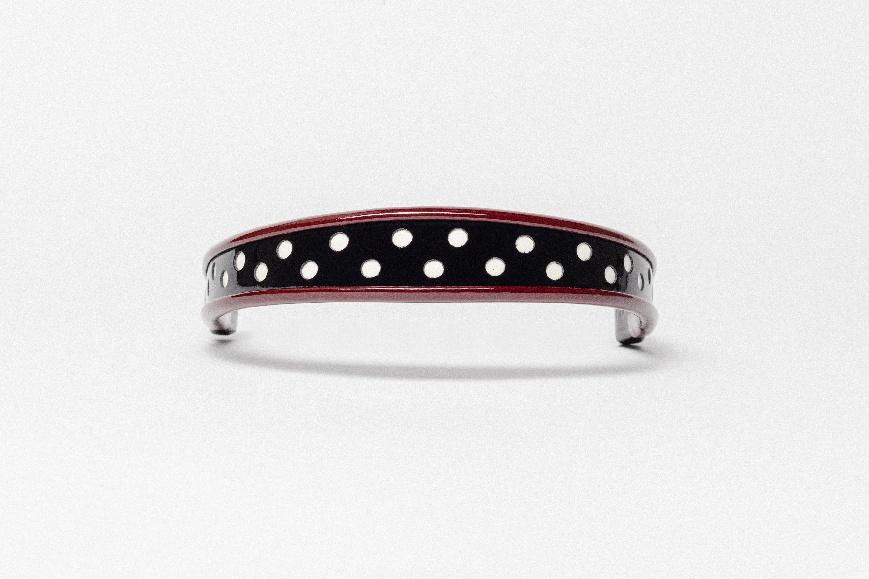 Wide Tapered 13" Turned Edge Browband, Burgundy with white polka dots, glossy finished patent leather, dark leather ends with gold button detail, shown on white background.