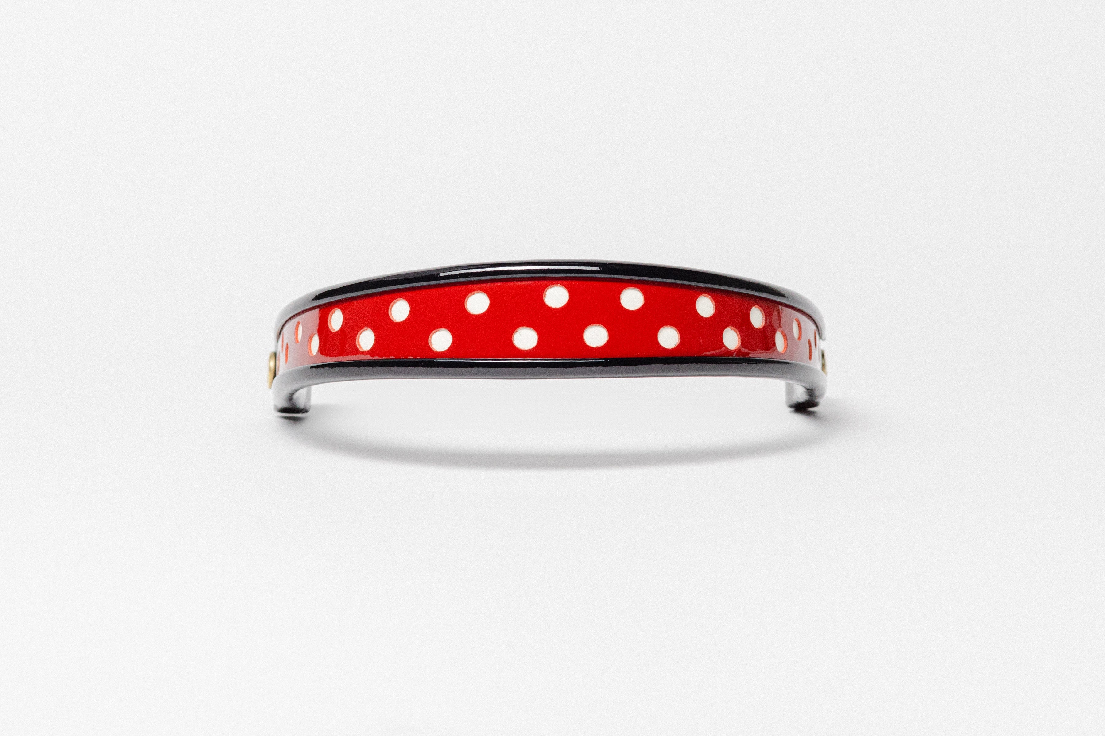 Wide Tapered 13" Turned Edge Browband, red with white polka dots, glossy finished patent leather, dark leather ends with gold button detail, shown on white background.