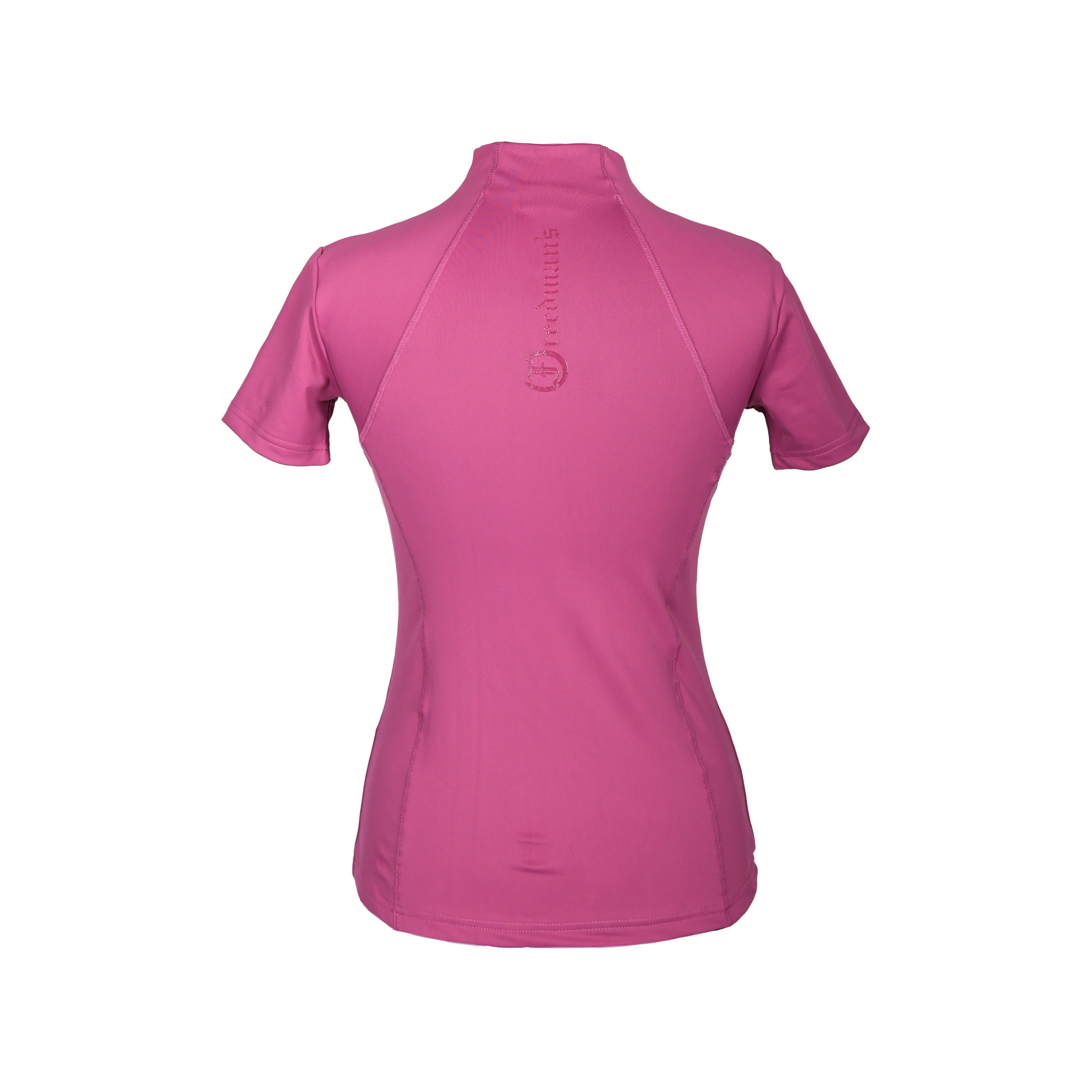 Freedman's Tess Ladies' 1/4 Zip Short Sleeve Top, bright pink, back view, form-fitting, short sleeves, 1/4 zip with black zipper, small logo detail on back, white background.