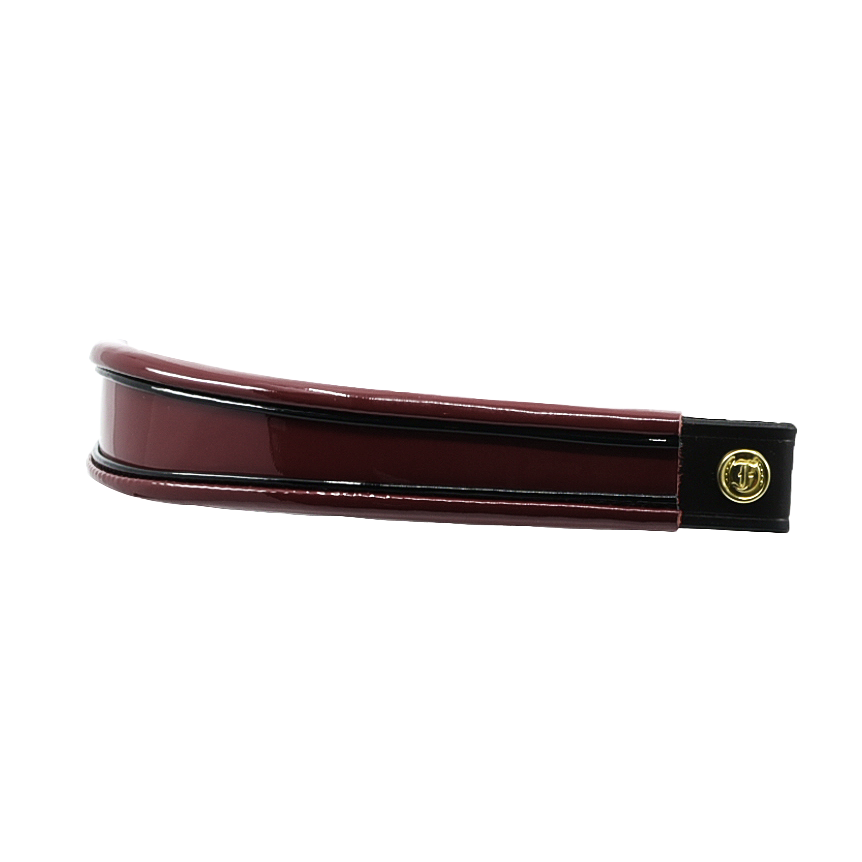 Burgundy and black insert patent leather browband, wide tapered design, turned edge, side view showing leather end and button detail.