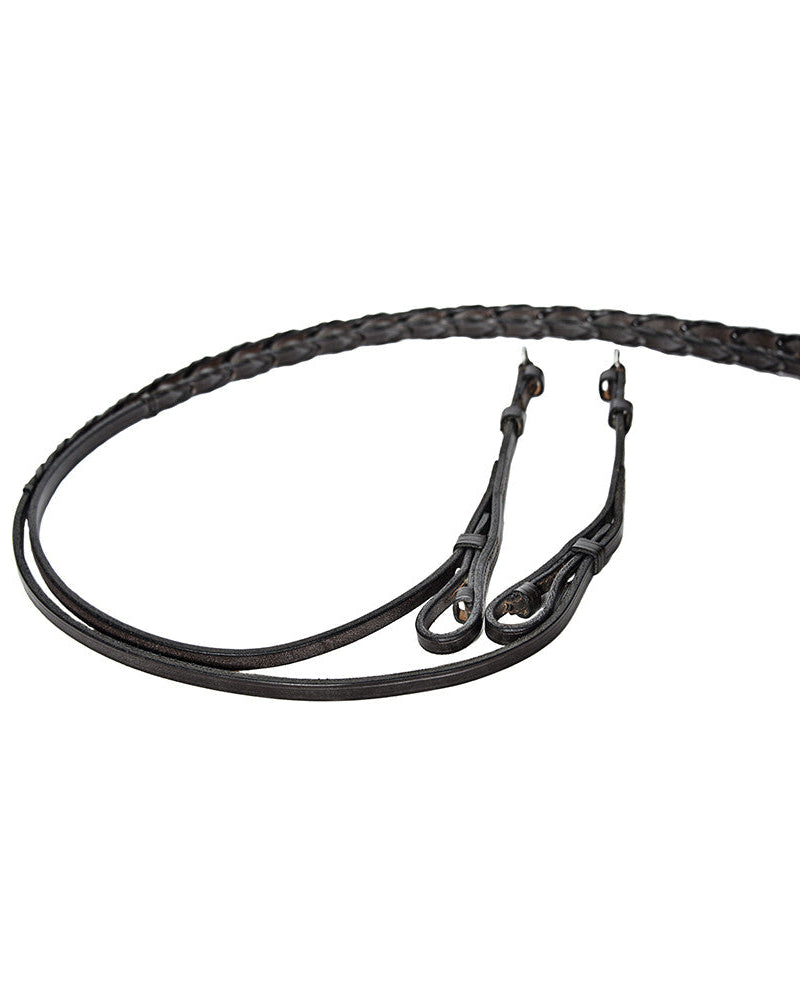 Pair of Advantage False Gag Snaffle Reins in havana brown leather against a white background.