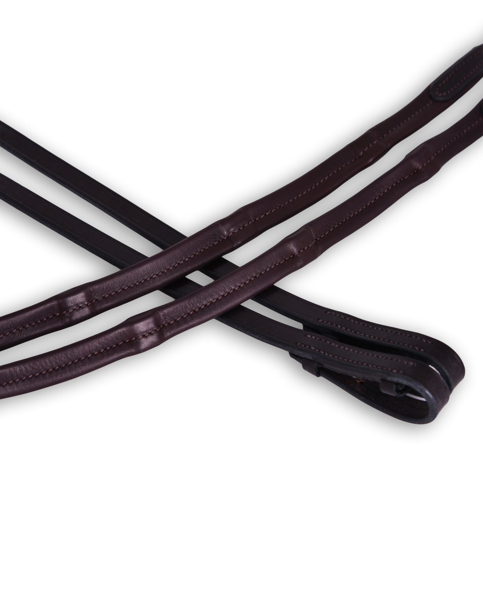 Close-up of brown leather Soft Padded Ratchet Reins by Freedman's with stitching detail, displayed on a white background.
