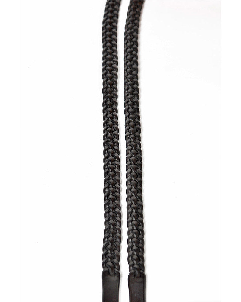 Close-up of braided reins (plaited) on a white background.