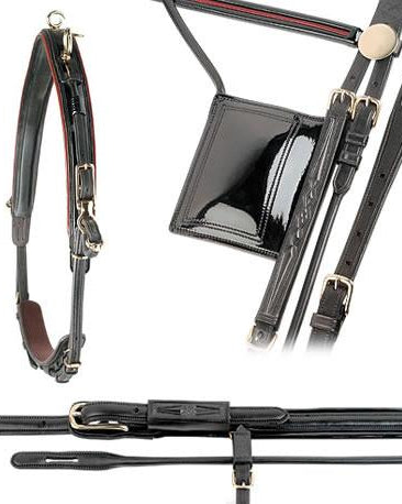 Collage of black leather horse harness parts, including a neck strap, bridle, and various straps with buckles.