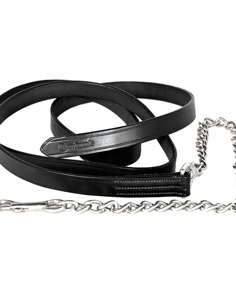 Black bridle leather lead shank with a 1" width, featuring a chain and snap attachment.
