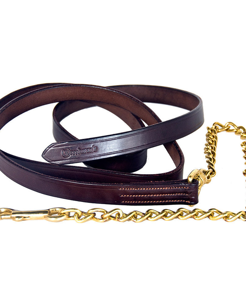 Dark brown bridle leather lead shank with a 1" width, featuring a chain and snap attachment.