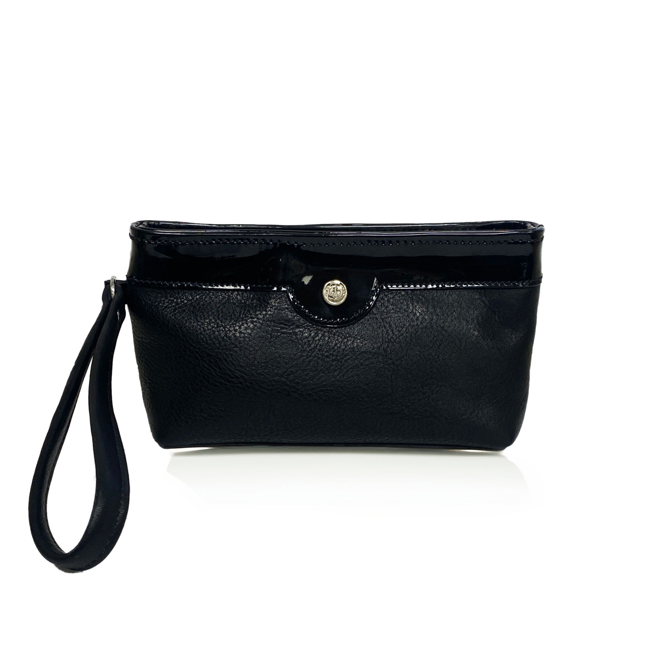 Freedman's black leather wristlet with patent leather accent and logo button closure.