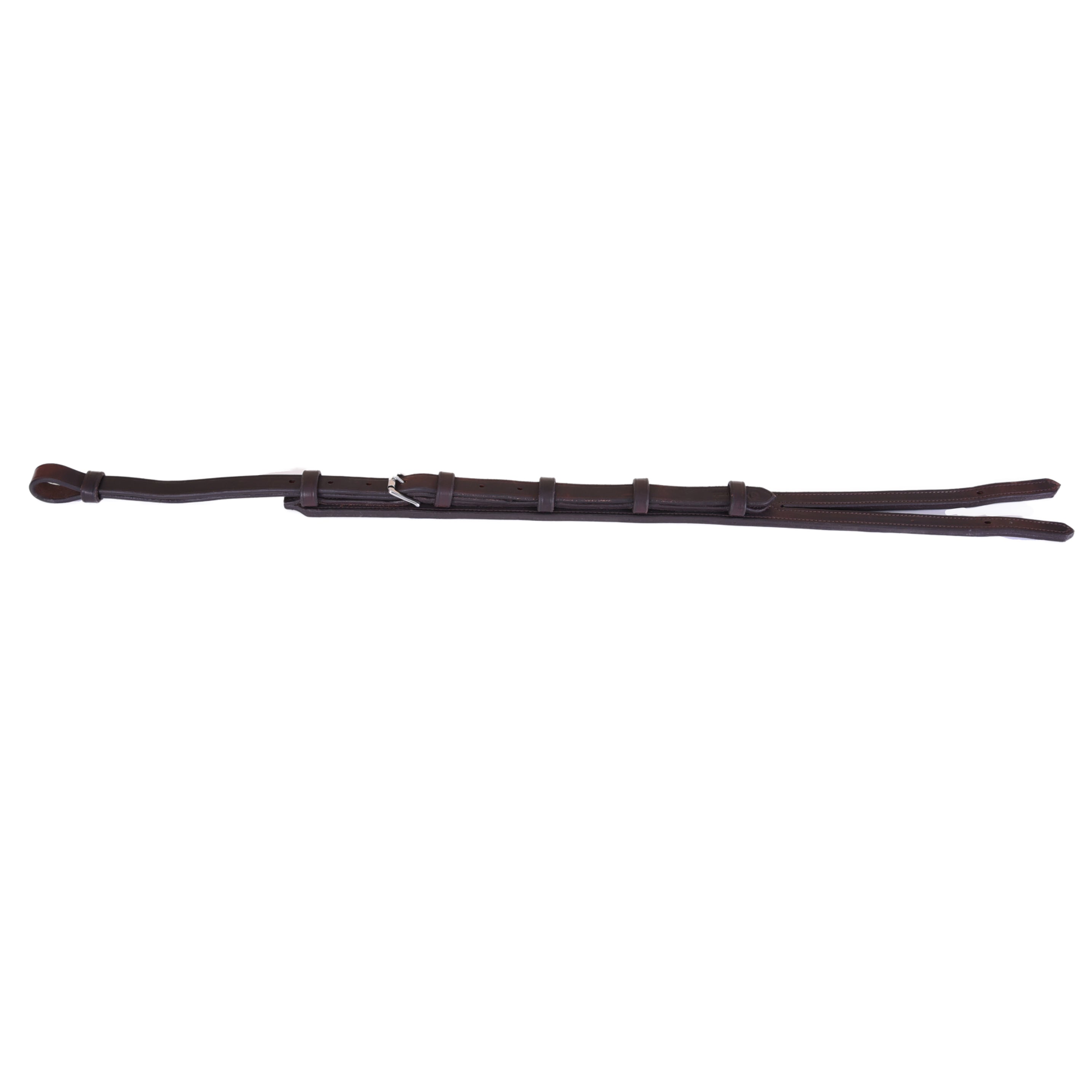 ACTraining Backstrap, designed for training or riding, made of brown leather with adjustable buckles and hardware, laid flat on a white background.