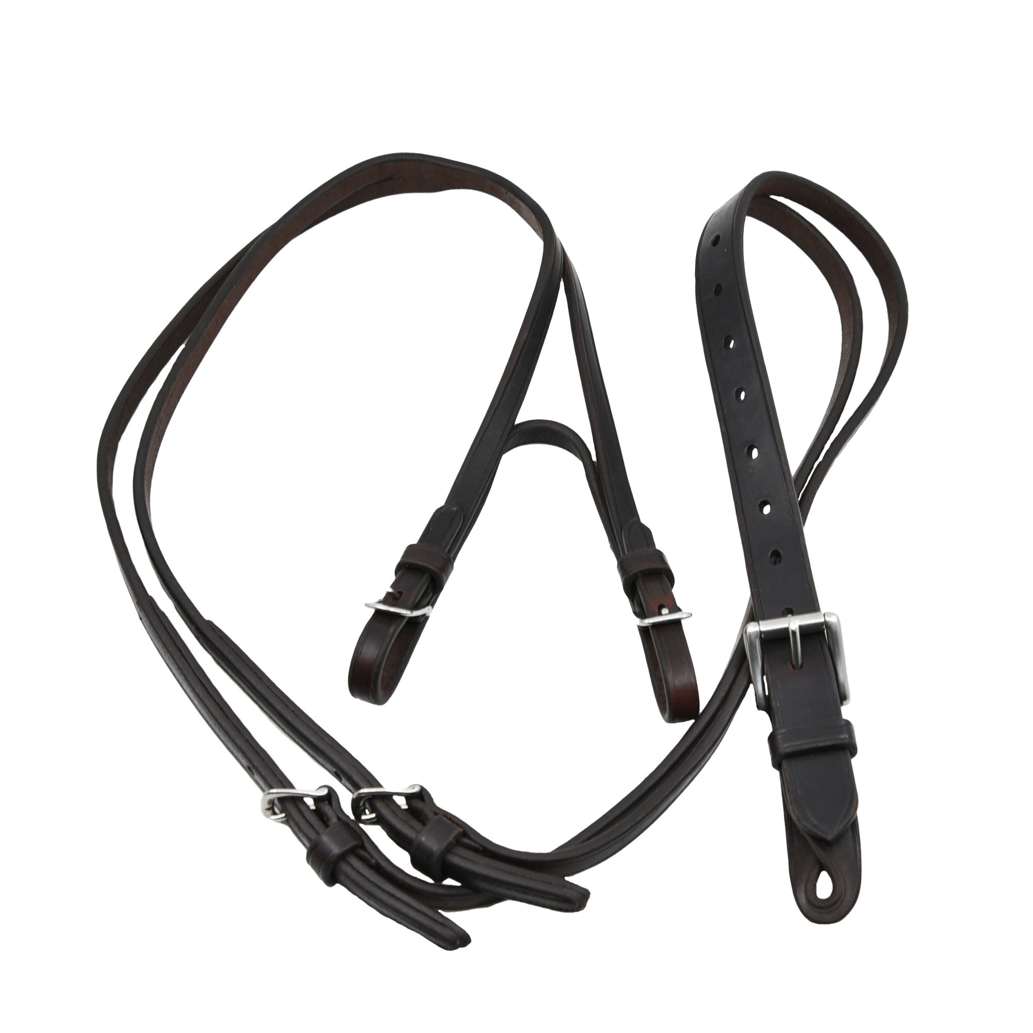 ACTraining Overcheck Front/Back, designed for training horses, made of brown leather with adjustable buckles, laid flat on a white background.