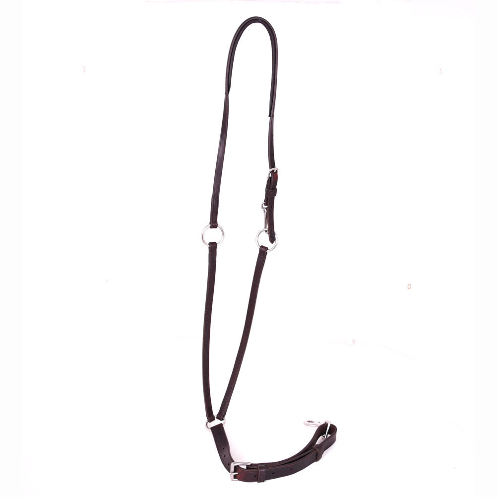 Close-up of an ACTraining Padded Martingale component, showing brown leather construction, buckles, rings, stitching, and padding details, isolated on a white background.
