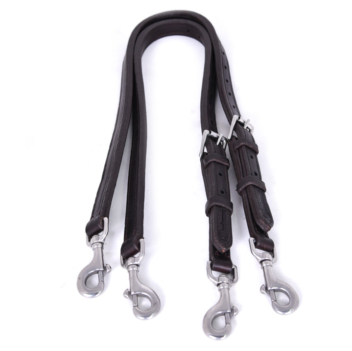 ACTraining Adjustable Side Reins with Snap Ends, designed for training horses, made of brown leather with multiple adjustment points and snap closures, laid flat on a white background.