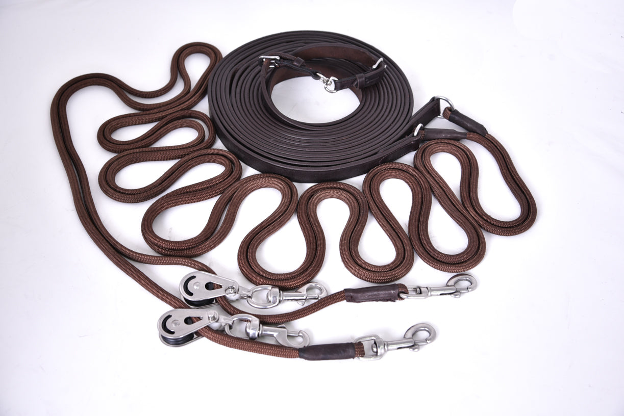Jog Lines With Cord And Pulley Fronts: Set of Jog Lines with Cord Lines, Metal Pulley Fronts, and Leather Components