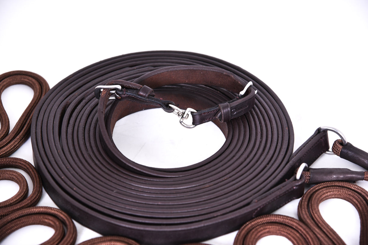 Jog Lines With Cord And Pulley Fronts: Set of Jog Lines with Cord Lines, Metal Pulley Fronts, and Leather Components. Close up