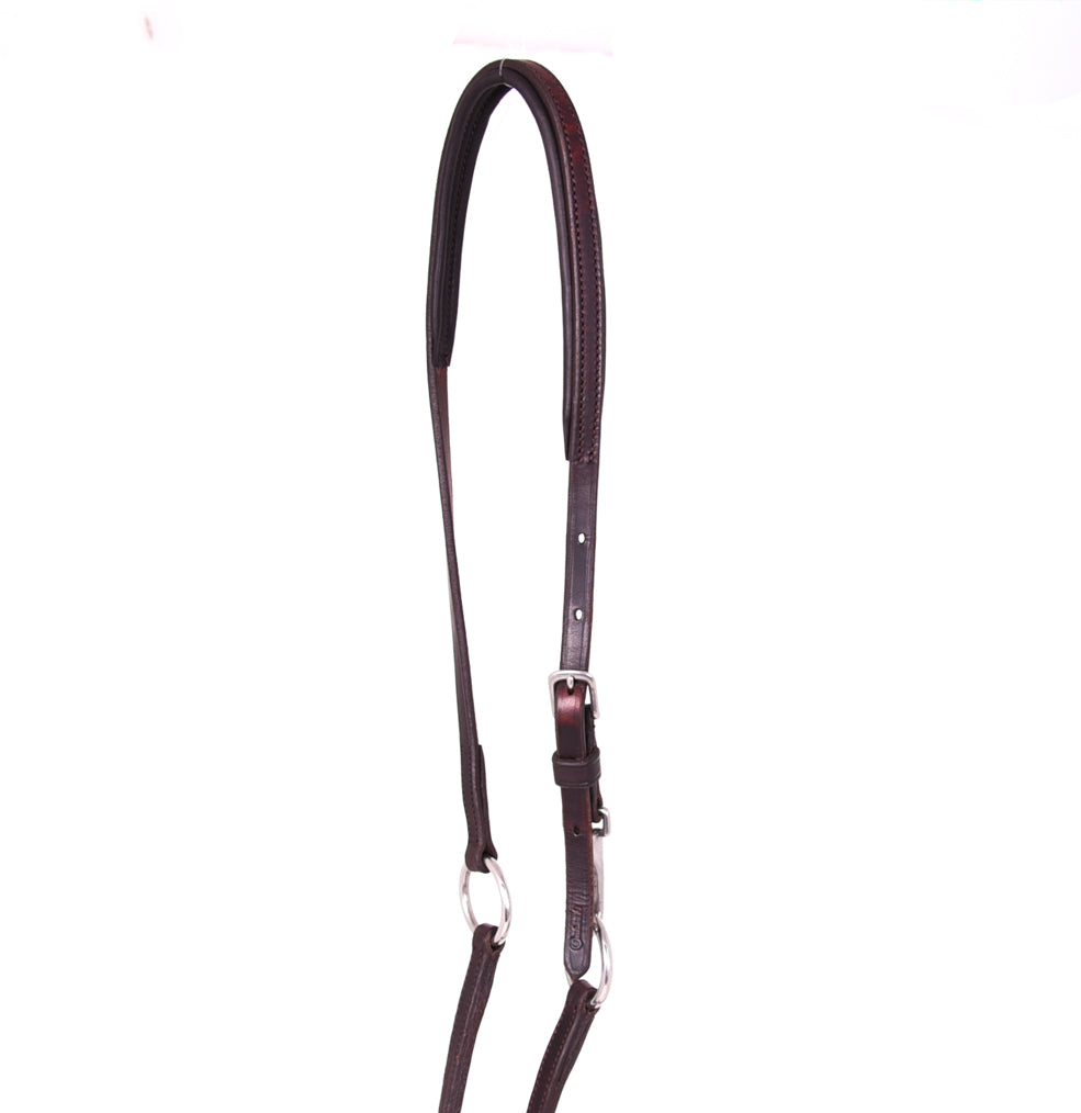 Close-up of an ACTraining Padded Martingale component, showing brown leather construction, buckles, rings, stitching, and padding details, isolated on a white background.