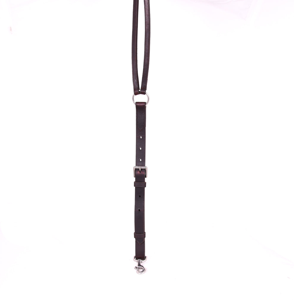 Close-up of an ACTraining Padded Martingale component, showing brown leather construction, buckles, rings, stitching, and padding details, isolated on a white background.