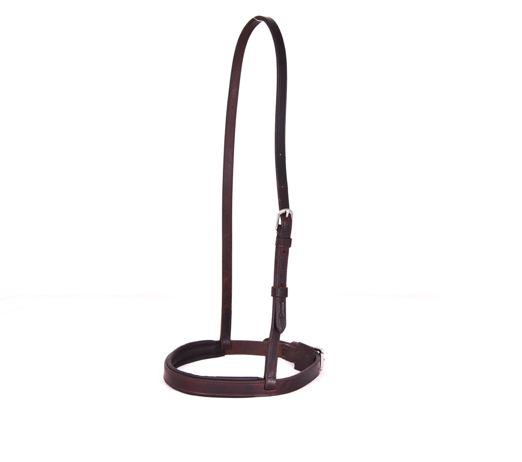 Brown leather padded caveson with buckles, isolated on a white background.