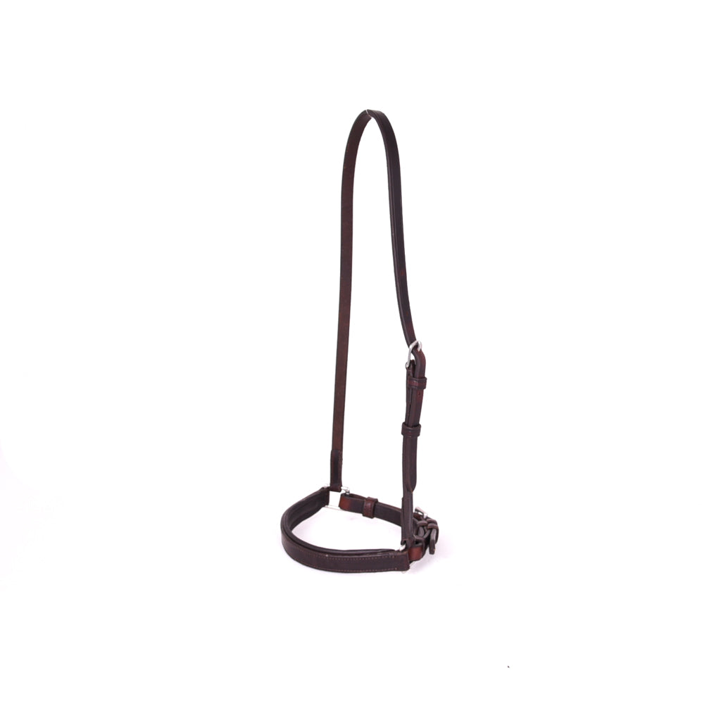 Close-up of an ACTraining Padded Draw Tight Caveson component, showing brown leather construction, buckles, stitching, and padding details, isolated on a white background.