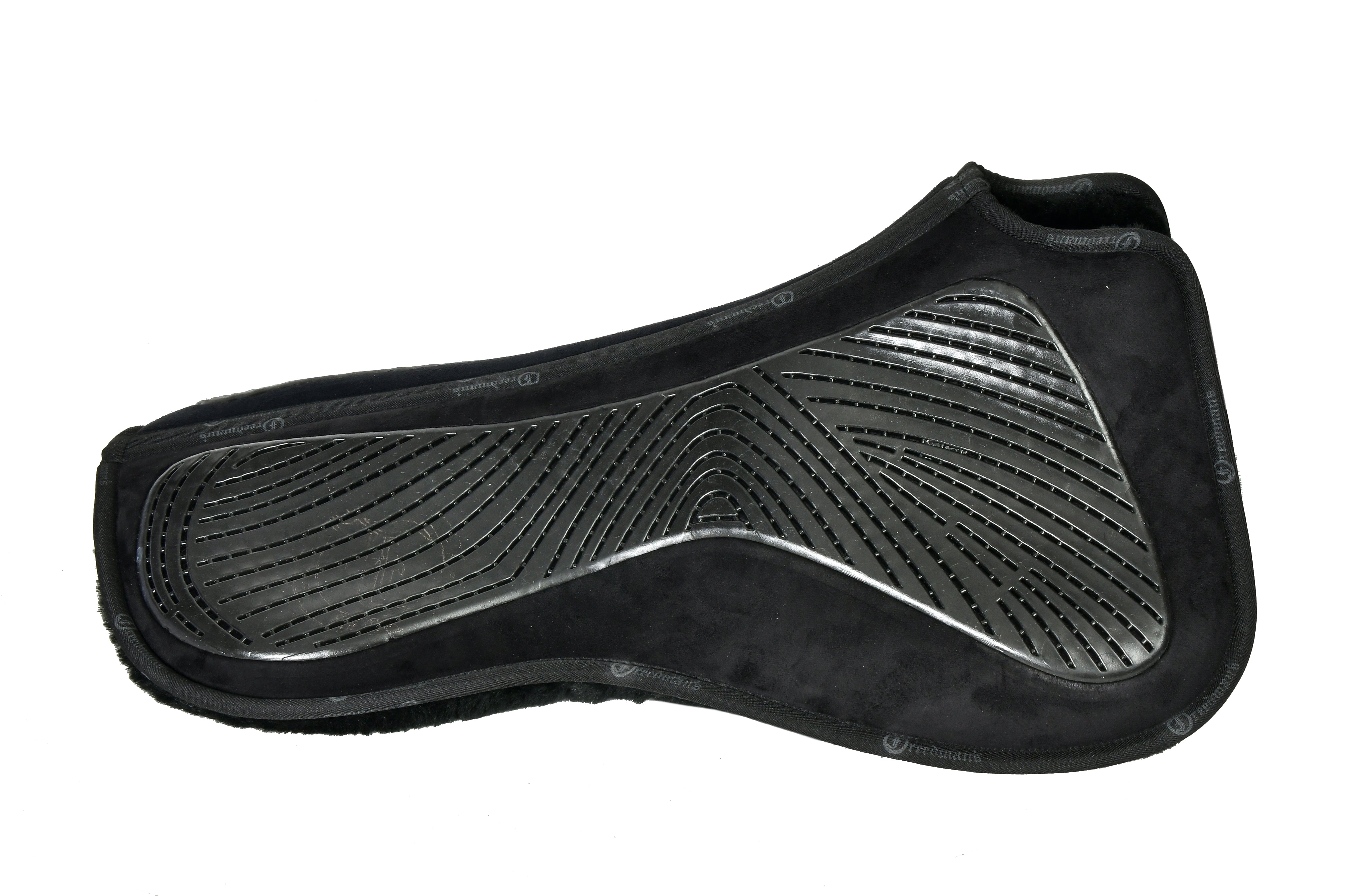 Black Acavallo gel/silicone and memory foam half pad with cut-back design and black eco fleece lining - side silo