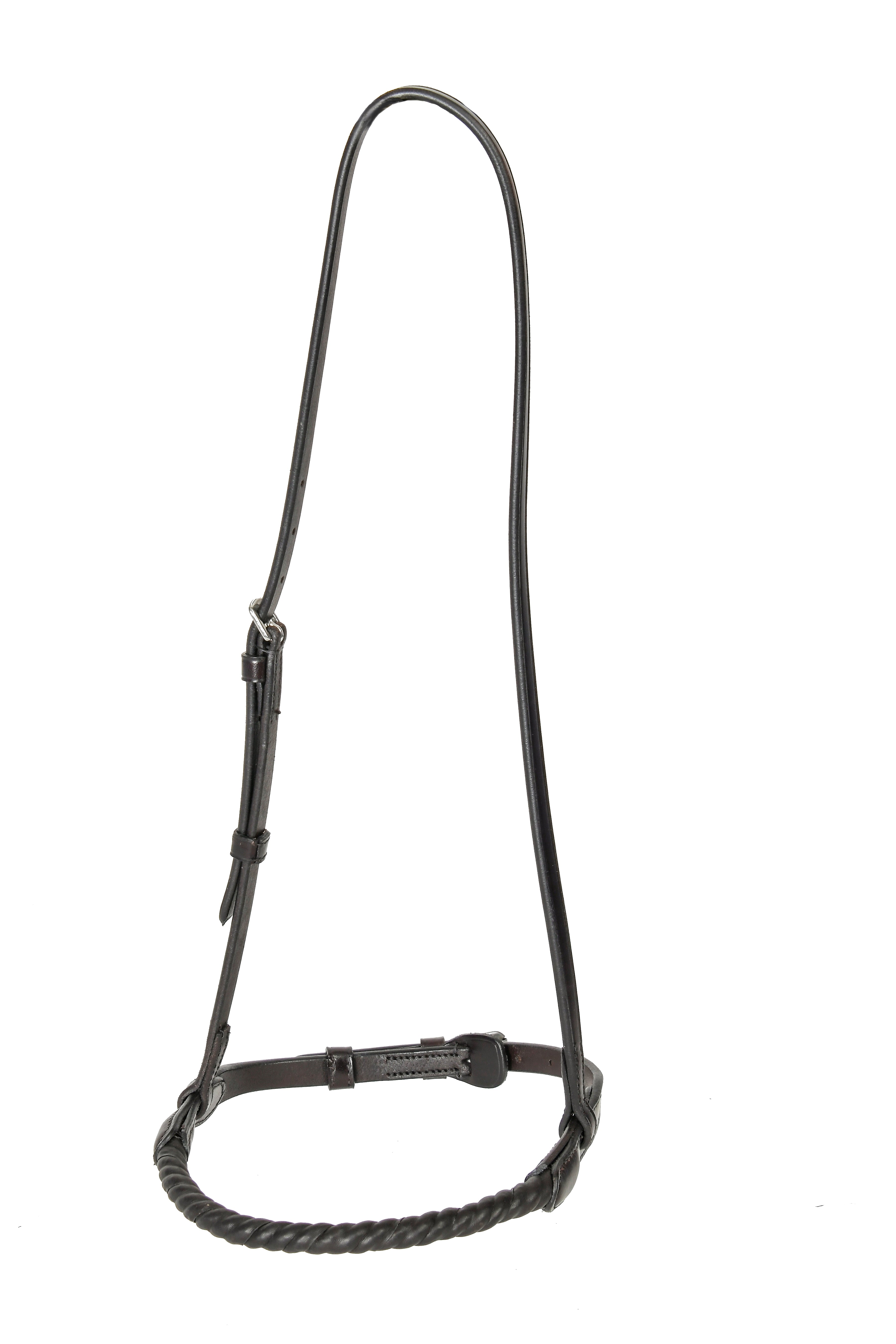 Black rope caveson with adjustable leather straps and buckle, isolated on a white and dark background
