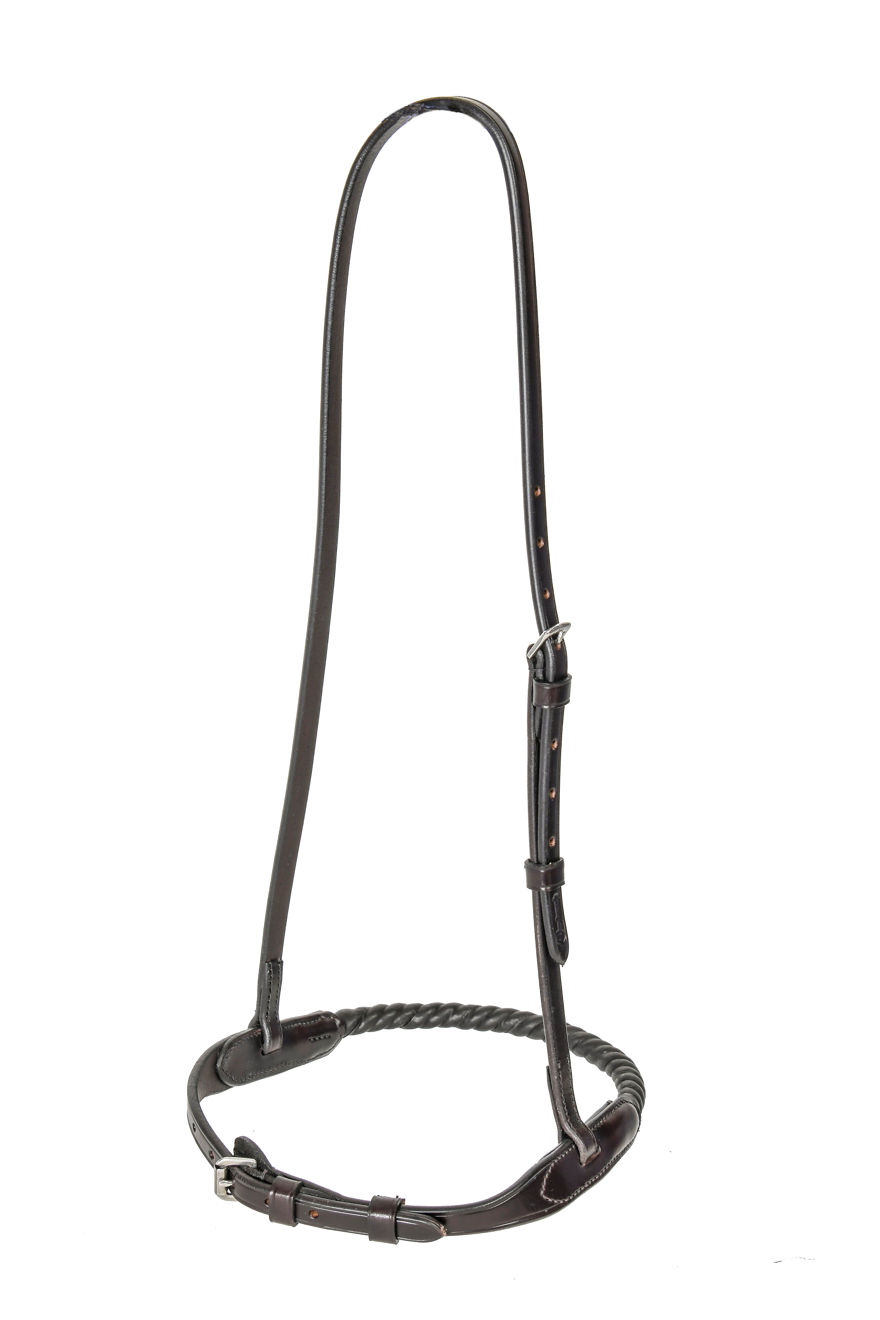Adjustable Rope Caveson, designed for training horses, made of braided rope with adjustable leather straps and a metal buckle, shown against a split white and dark background.