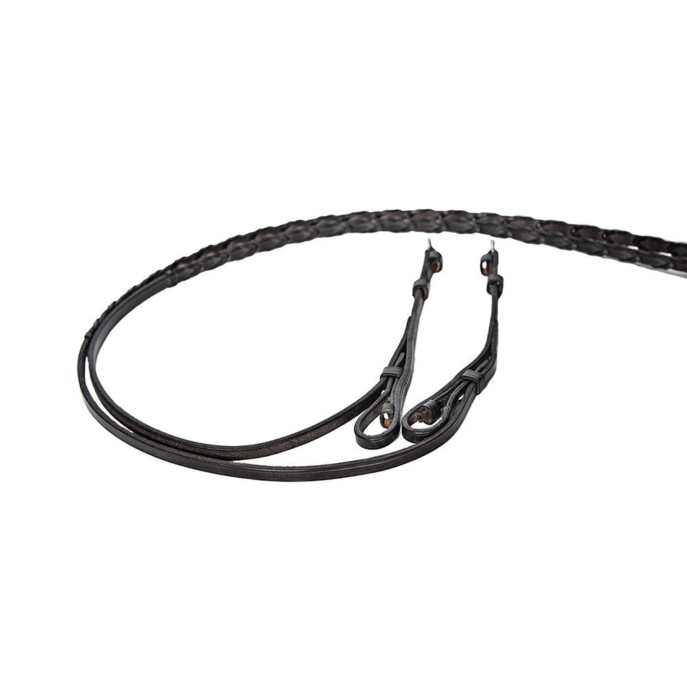 Pair of Advantage False Gag Snaffle Reins in havana brown leather against a white background.