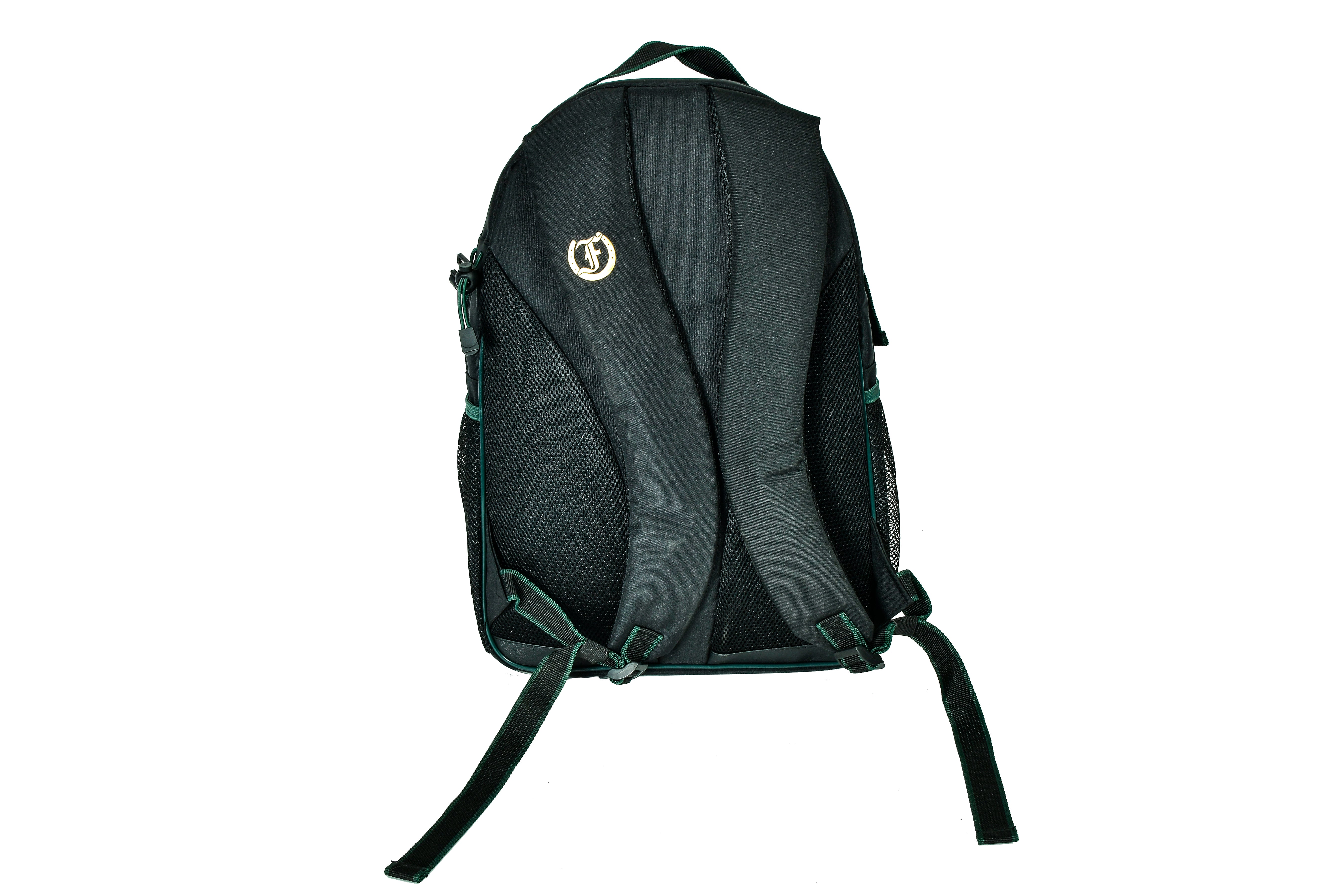 Team Freedman's Backpack, angled back view, showing padded mesh and hanging straps.
