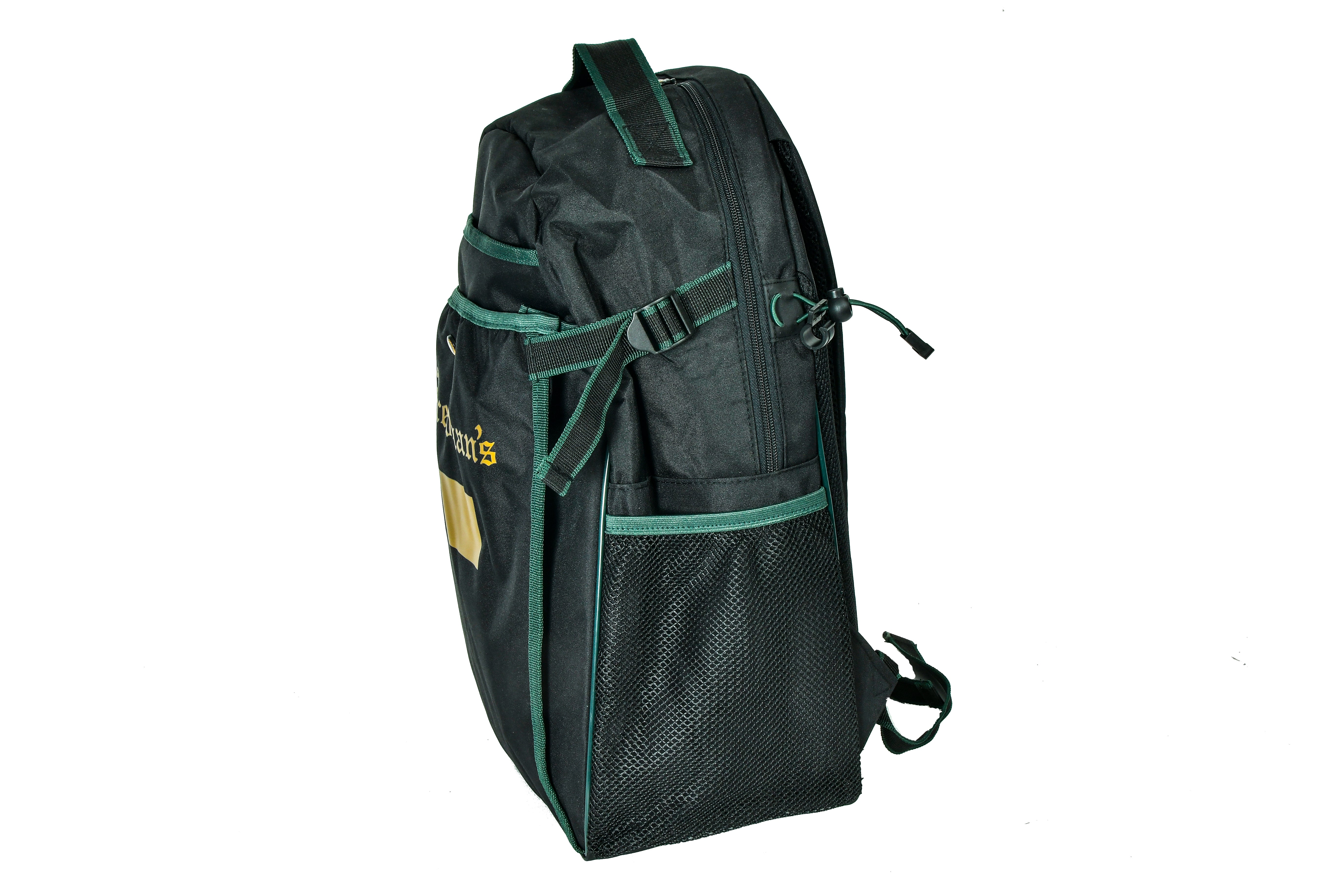 Team Freedman's Backpack, side view, showing mesh pocket and adjustable straps.