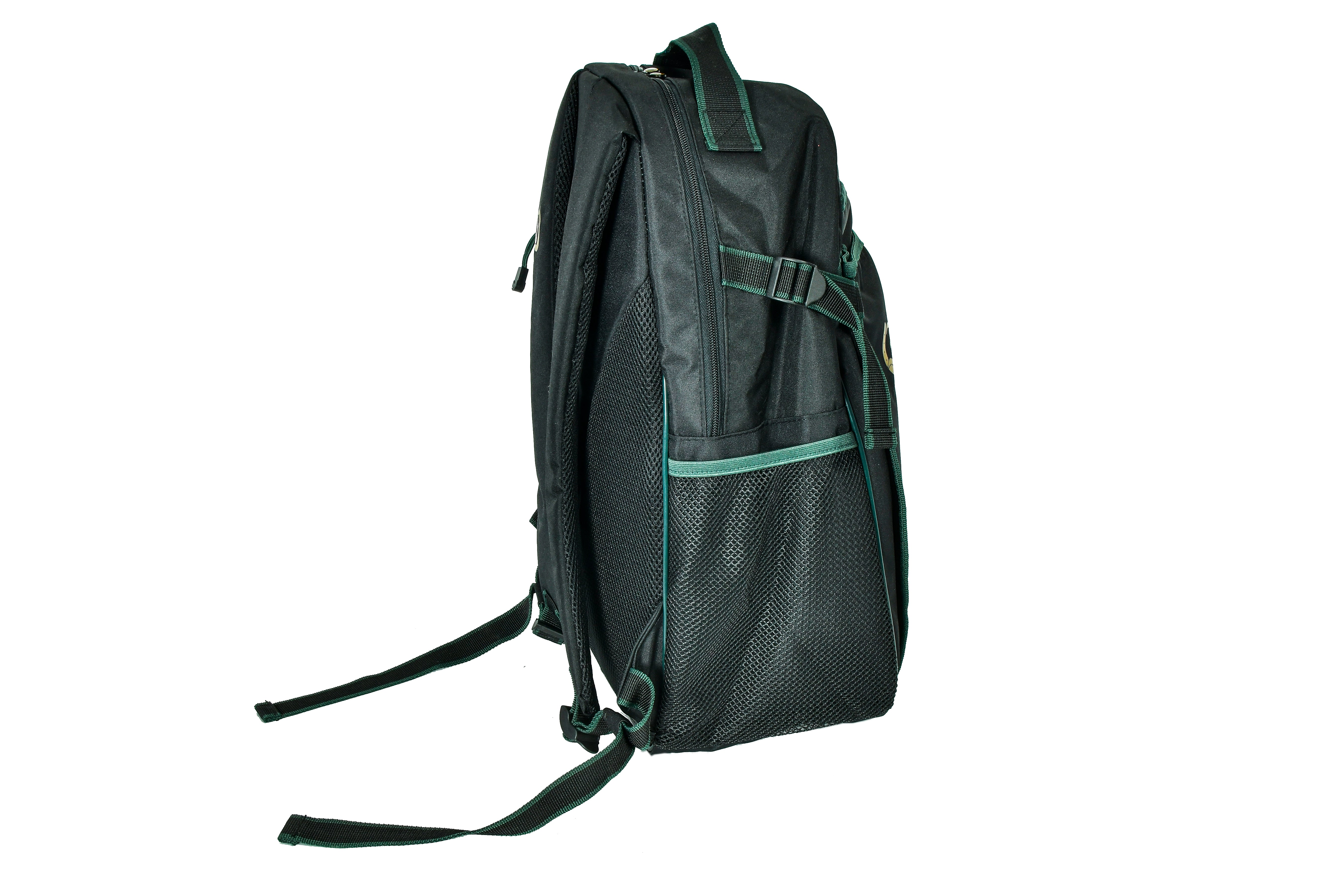Team Freedman's Backpack, side view, showing mesh pocket and adjustable straps.