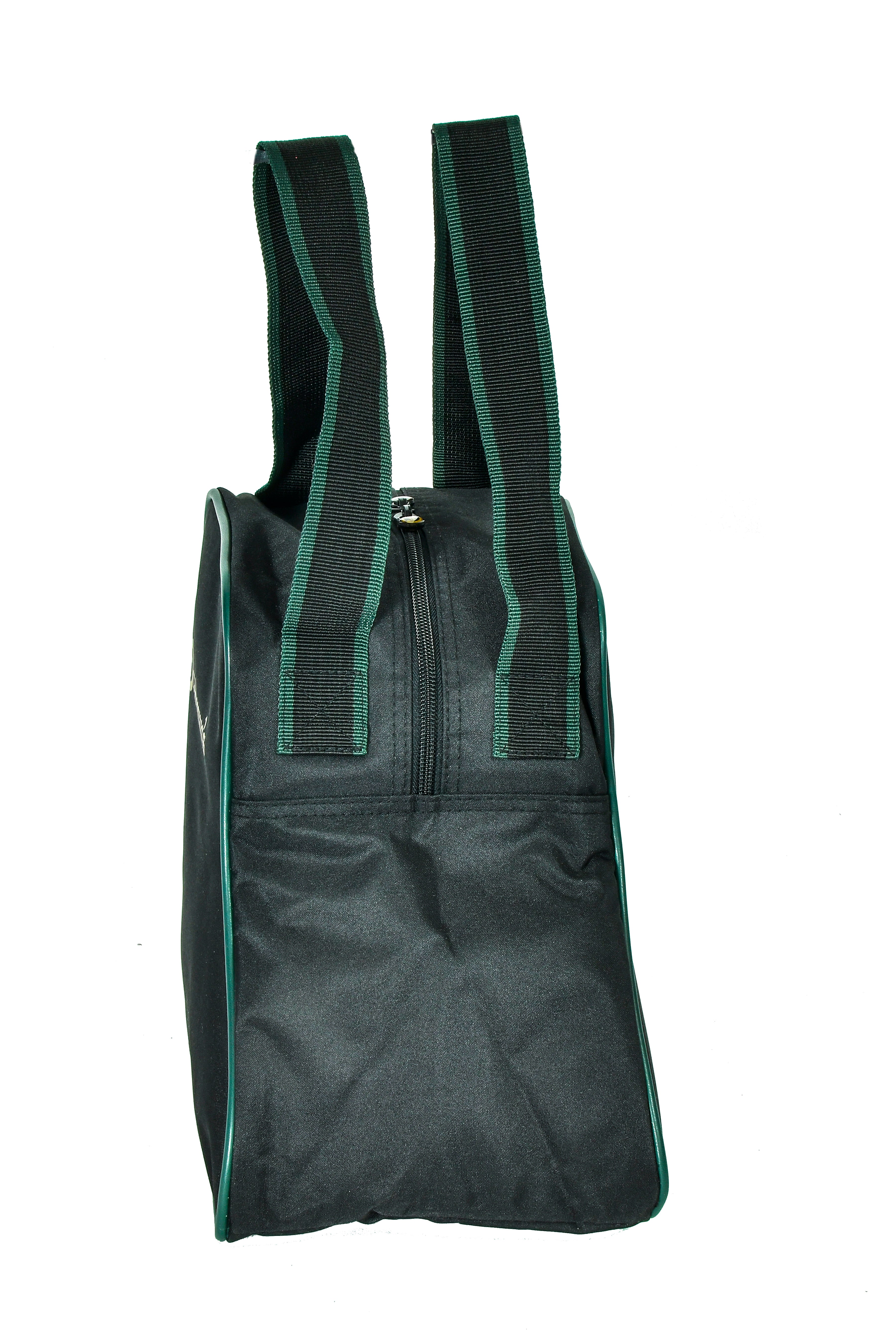 Team Freedman's Jodhpur Boot Bag, back view, black fabric with green webbing straps, visible zipper closure at top, white background.