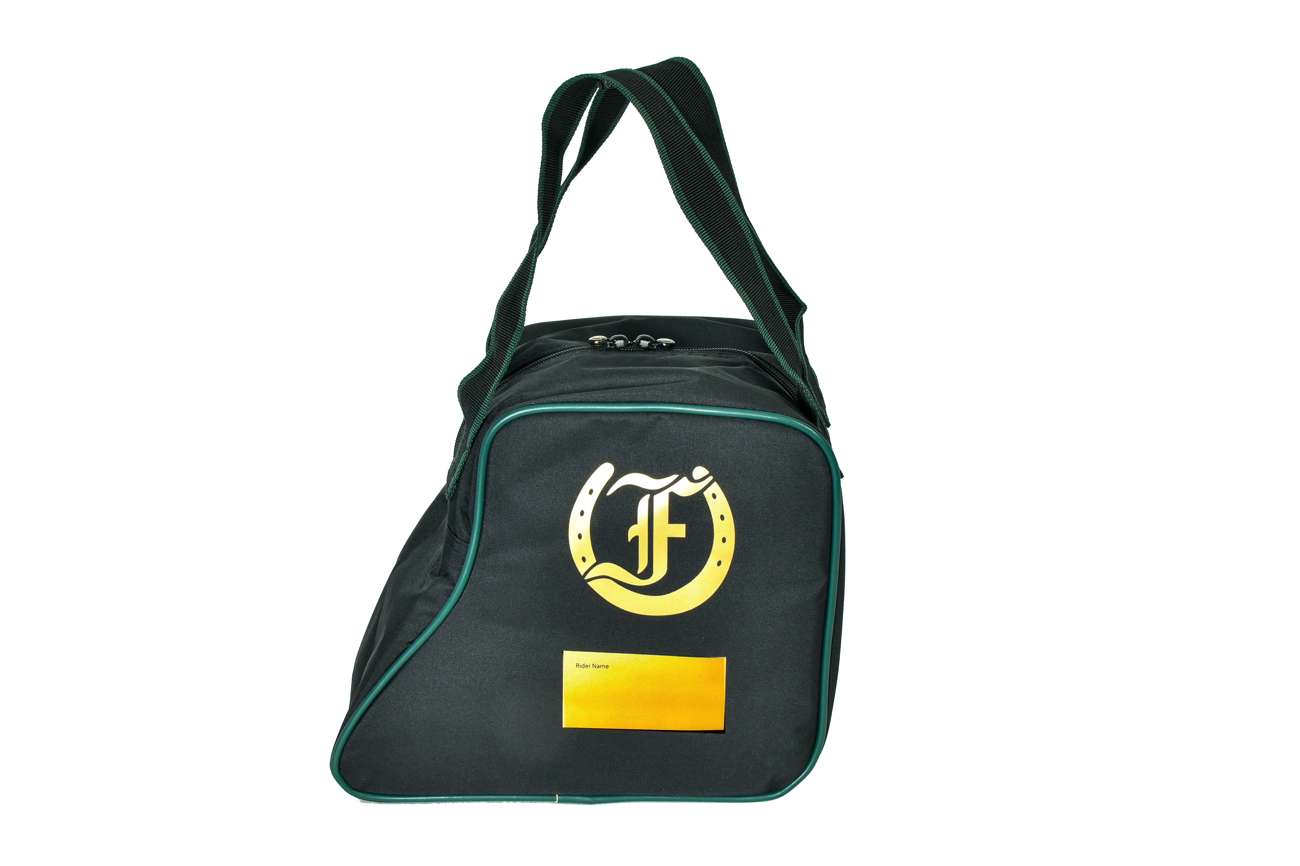 Black jodhpur boot bag, angled view, with gold logo, rider name label, and green trim.