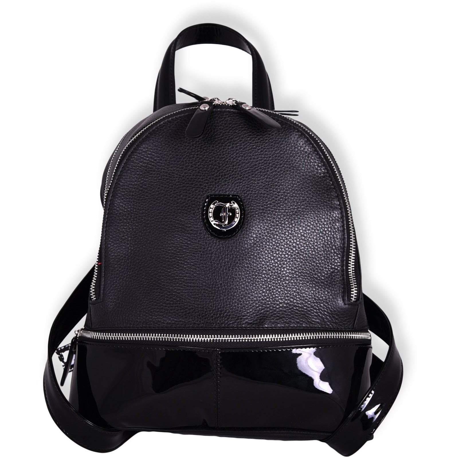 Black Leather Brougham Backpack on a white background.