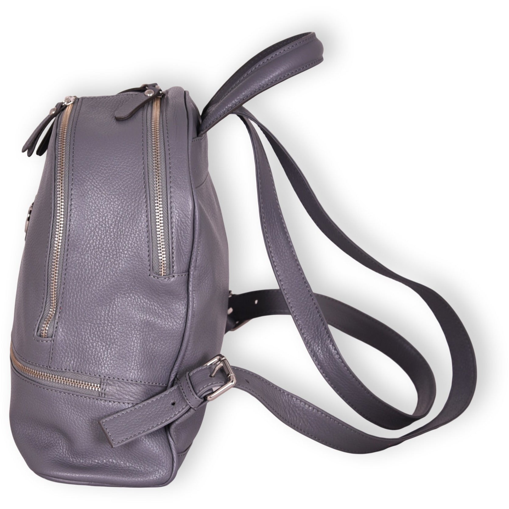 Side view of a grey Brougham Backpack on a white background.