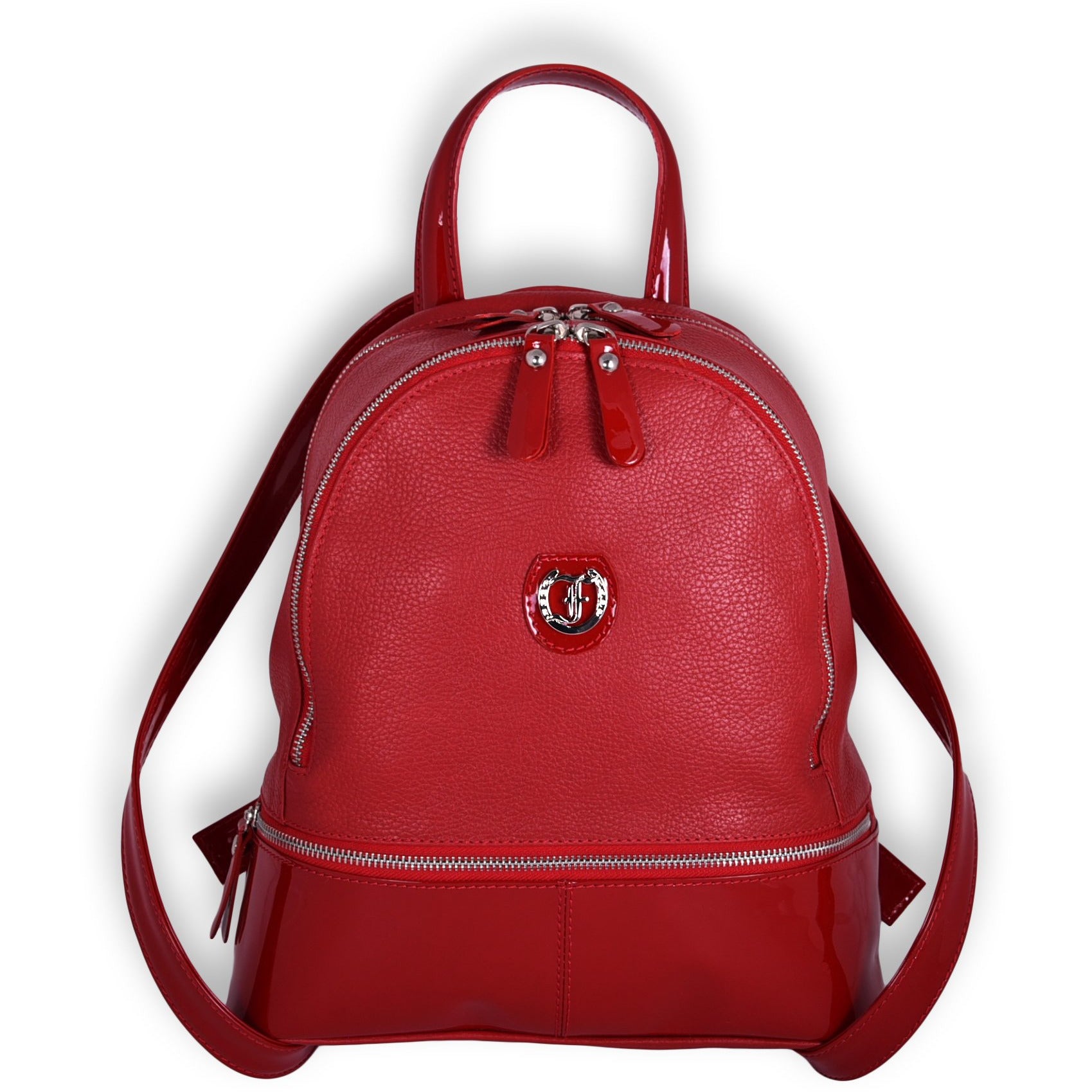 Red leather Brougham Backpack on a white background.
