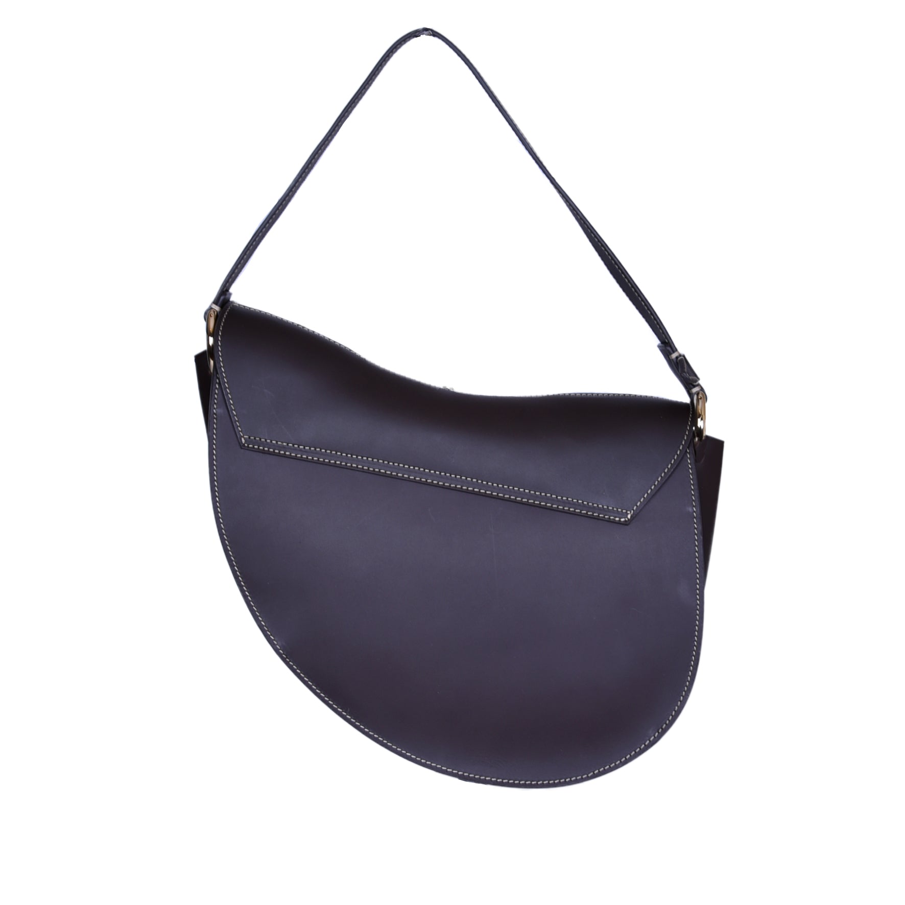 Black leather Burghley Shoulder Bag with white contrast stitching, flap closure, and adjustable strap, on a white background.