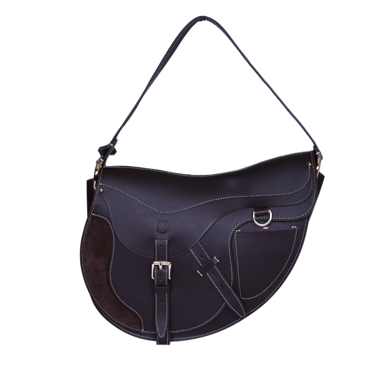 Brown leather Burghley Shoulder Bag with saddle stitching, buckle closure, and adjustable strap, on a white background.