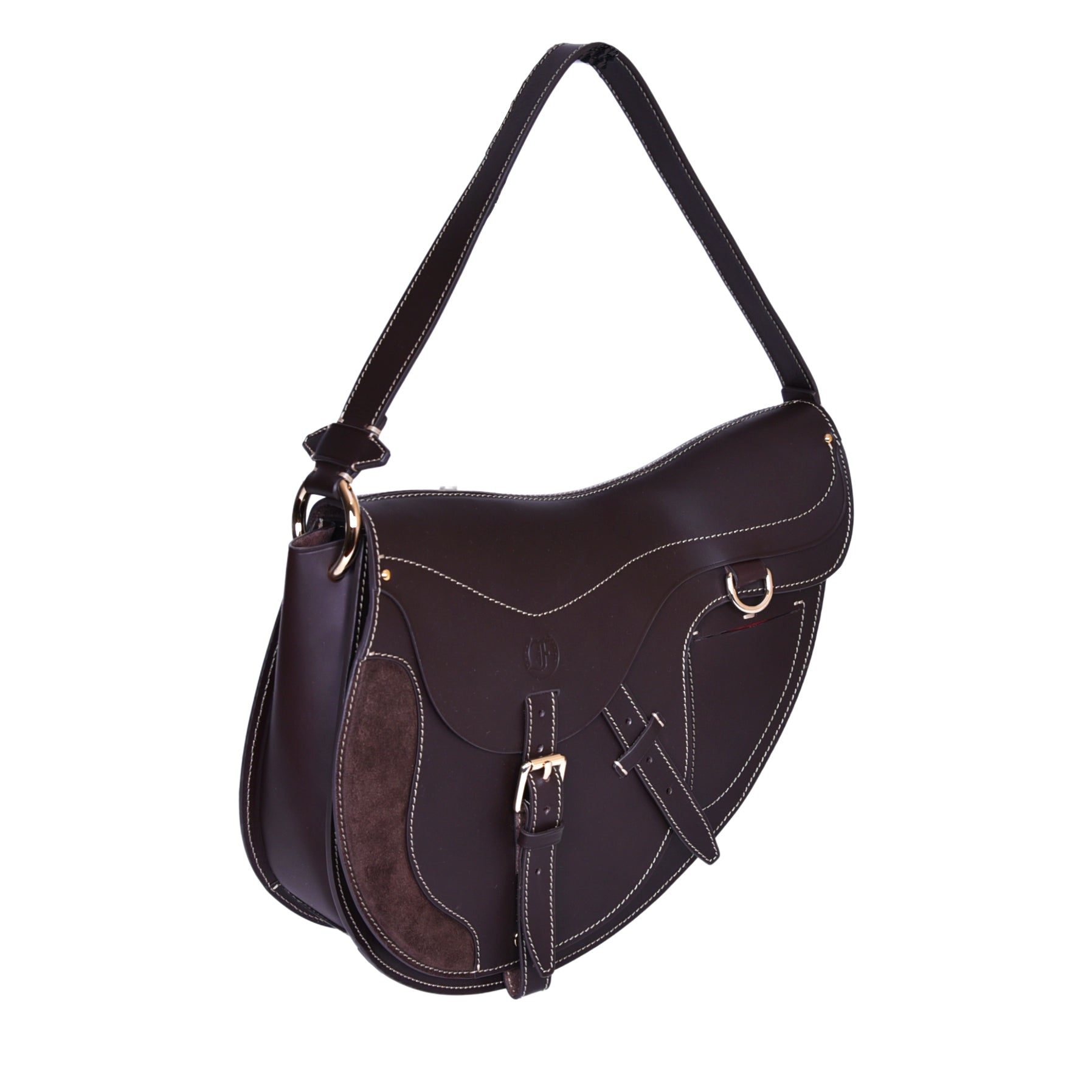 Brown leather Burghley Shoulder Bag with saddle stitching, buckle closure, and adjustable strap, on a white background.