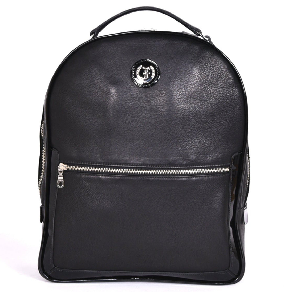 Freedman's Jaunty Backpack, black textured leather, silver circular logo on top, front zippered pocket with silver zipper, dual zippers on main compartment, top handle, white background.