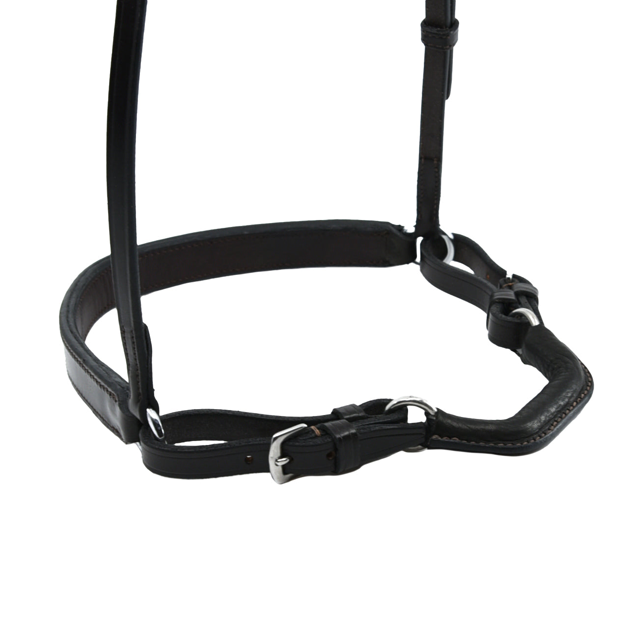Freedman's Chin Bar Caveson: Black Leather Caveson with Adjustable Chin Strap and Buckles for Horse Training, Close-Up View
