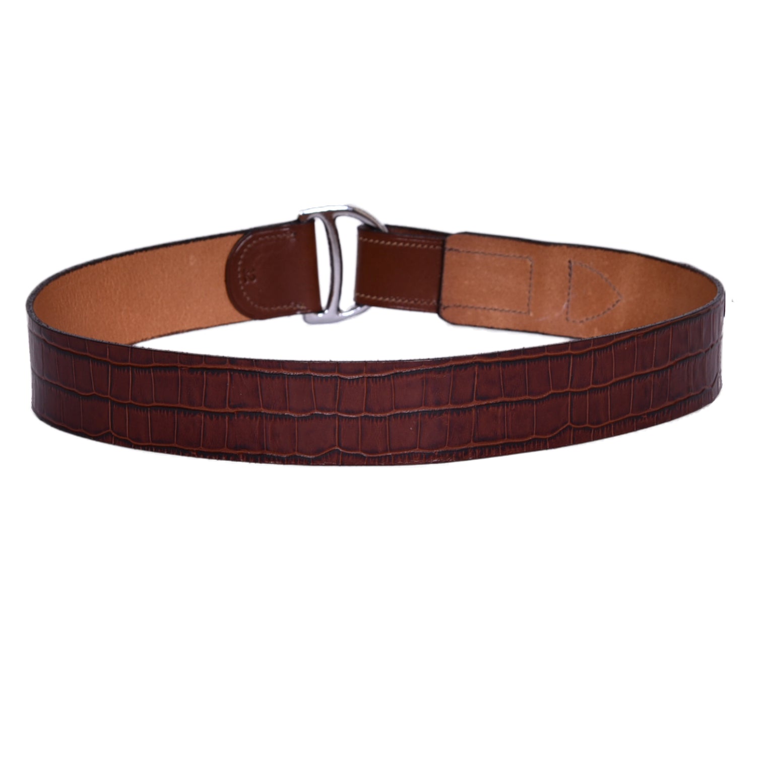 Freedman's Croco Girth Dee Belt: Brown Leather Belt with Crocodile Embossing and Brass Chrome finished Dee Ring Buckle.