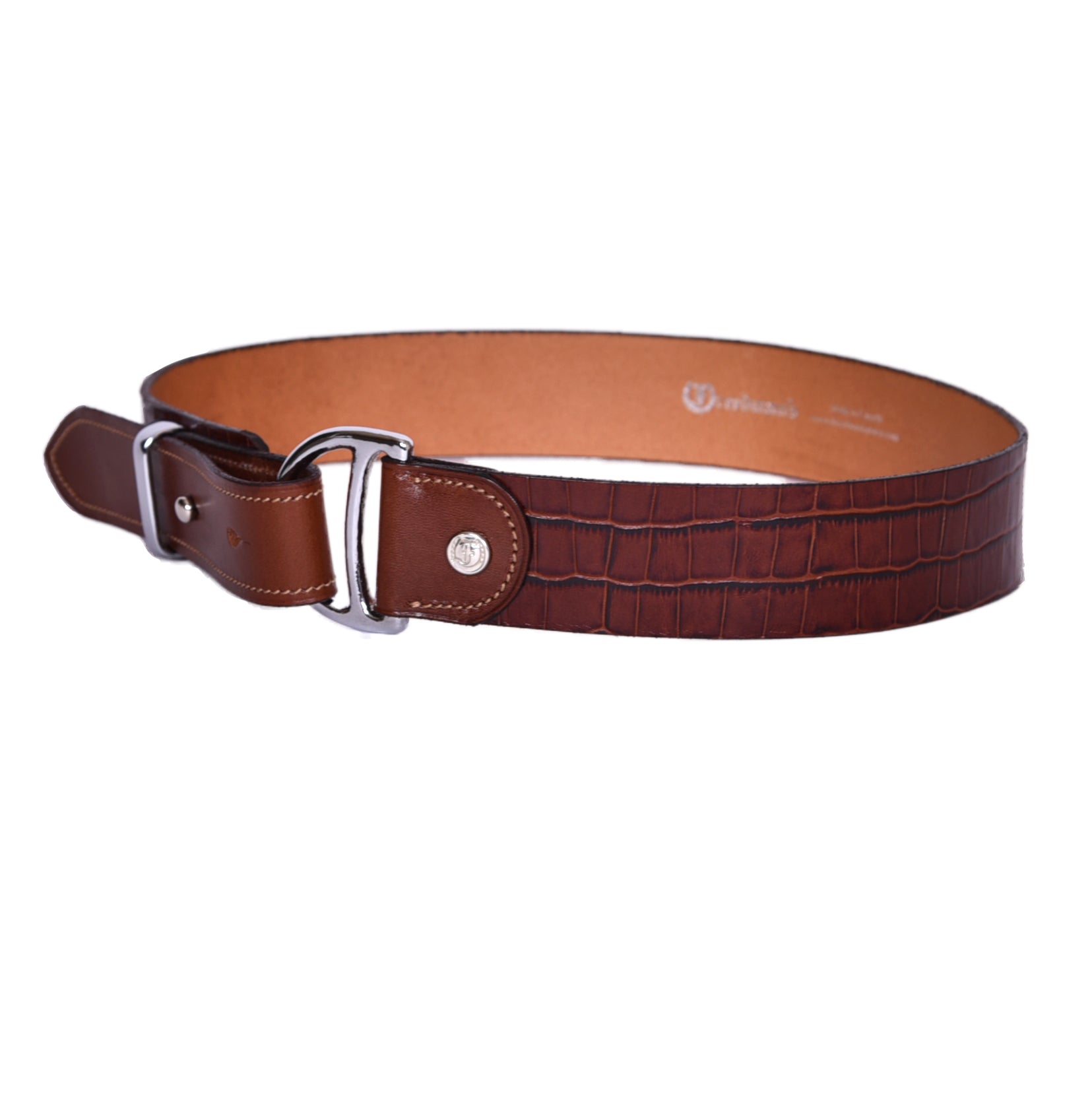 Freedman's Croco Girth Dee Belt: Brown Leather Belt with Crocodile Embossing and Brass Chrome finished Dee Ring Buckle.