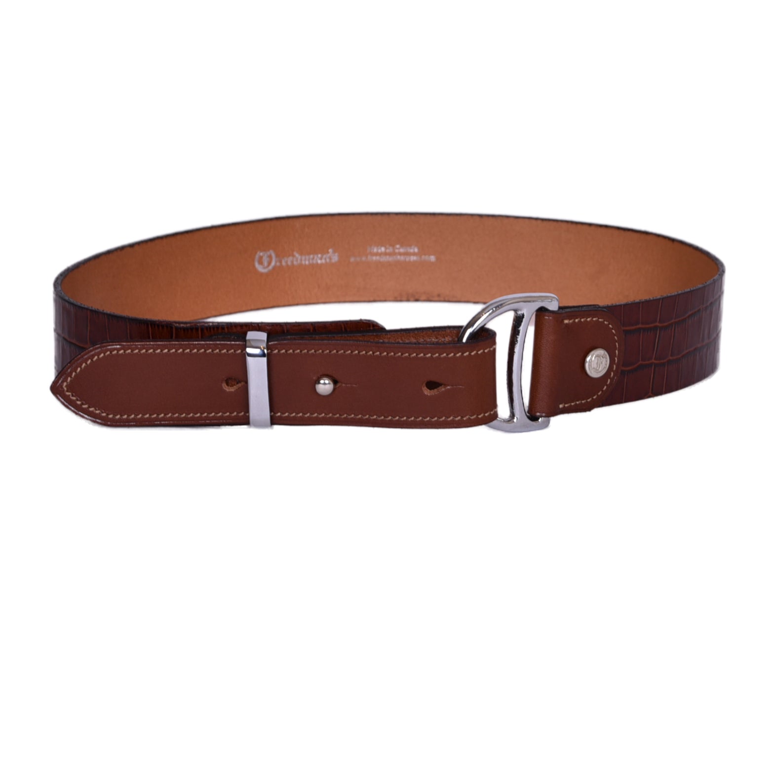 Freedman's Croco Girth Dee Belt: Brown Leather Belt with Crocodile Embossing and Brass Chrome finished Dee Ring Buckle.