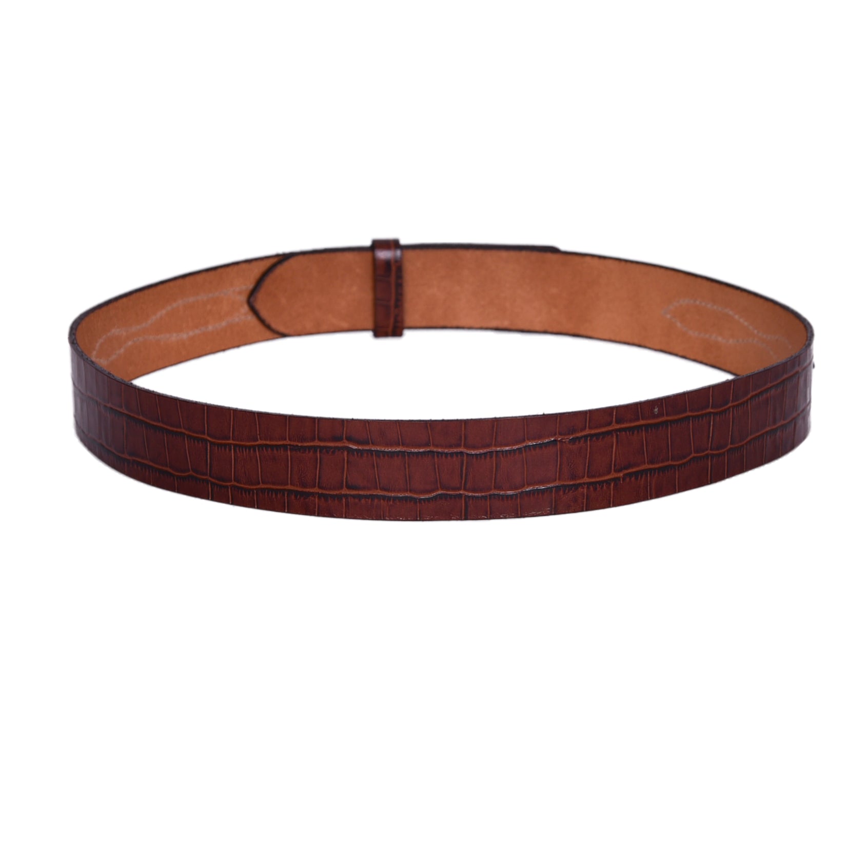 Close-up of Freedman's Croco Ranger Belt: Detailed Crocodile Embossing and nickel Buckle on Brown Leather
