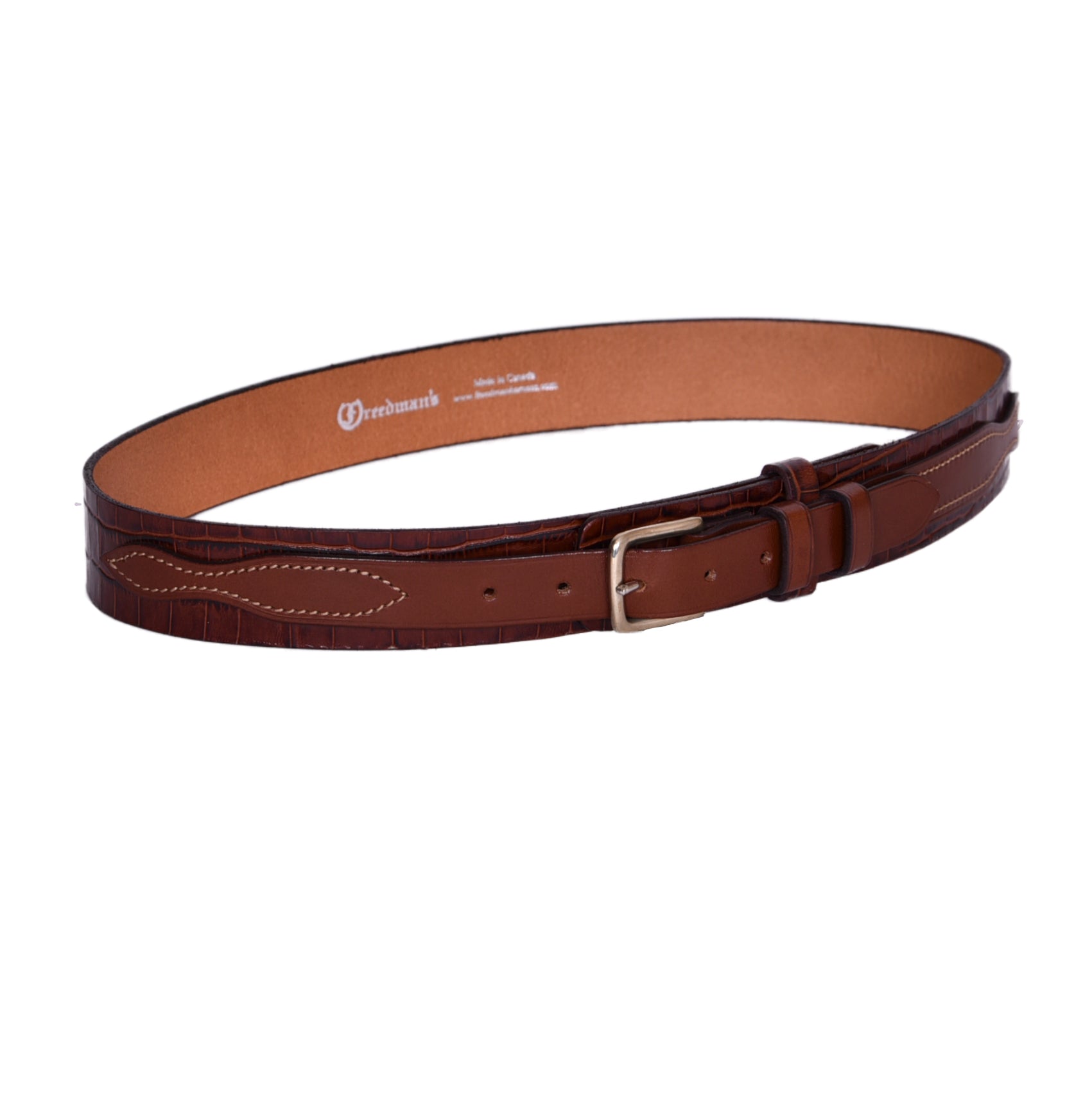Close-up of Freedman's Croco Ranger Belt: Detailed Crocodile Embossing and nickel Buckle on Brown Leather