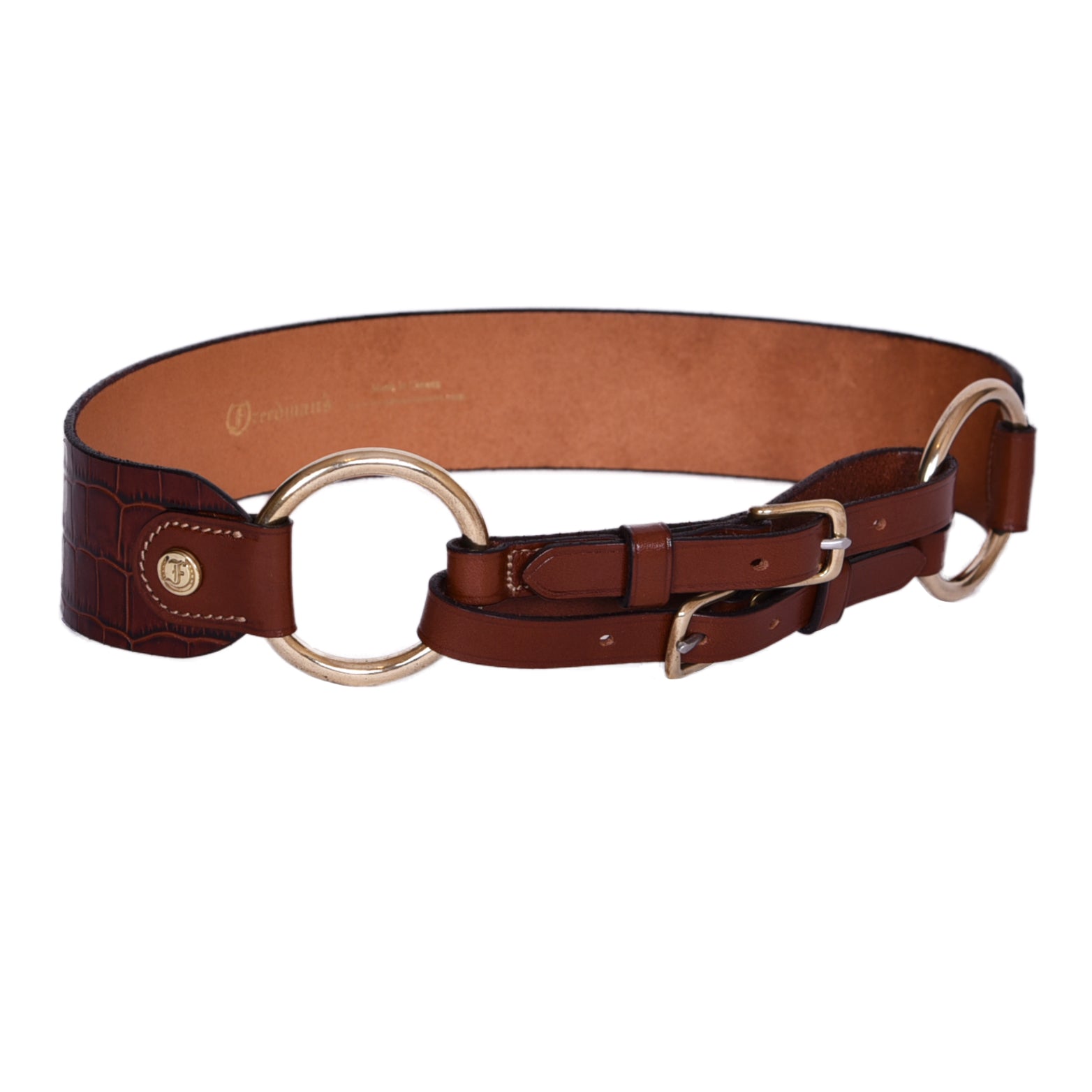 Close-up of Freedman's Croco Ring Belt: Detailed Crocodile Embossing and Unique Double Ring Buckle on Brown Leather